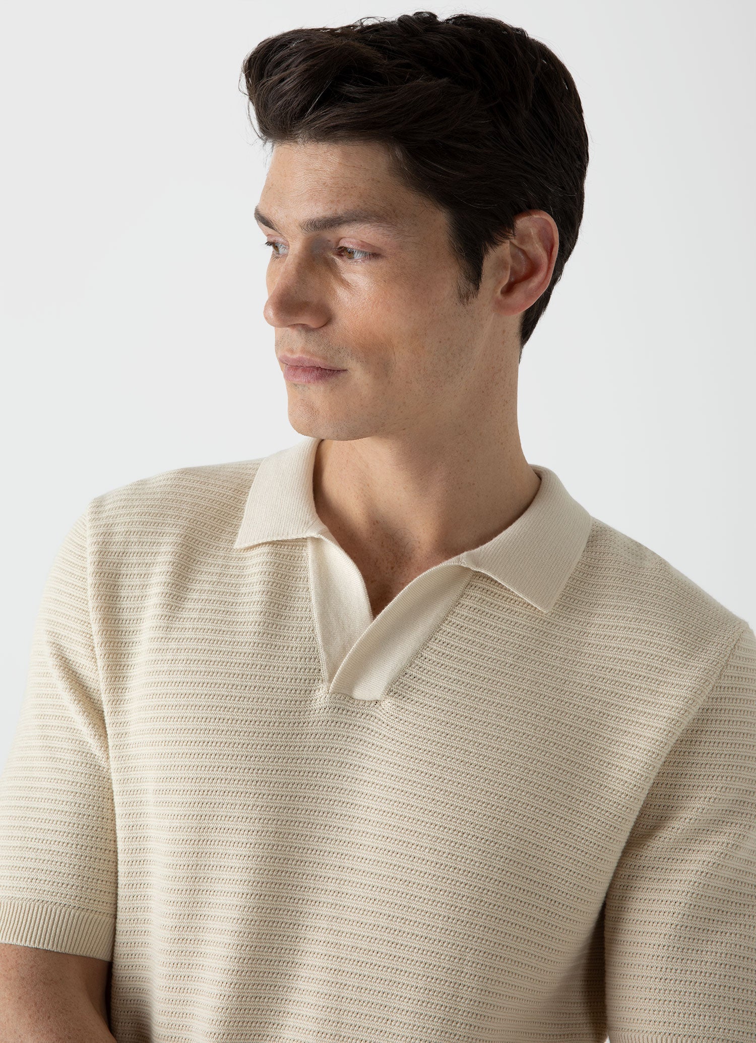 Men's Open Textured Polo Shirt in Ecru - Image 5