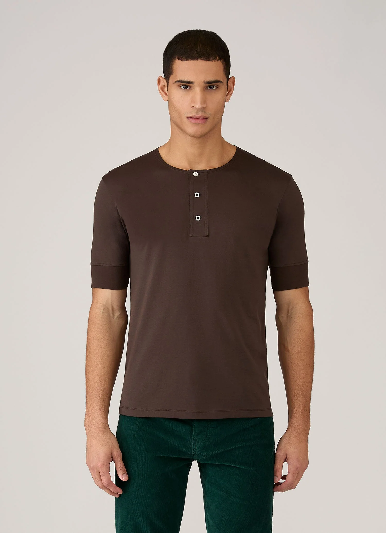 Men's Sunspel x Paul Weller Henley in Dark Brown - Image 2