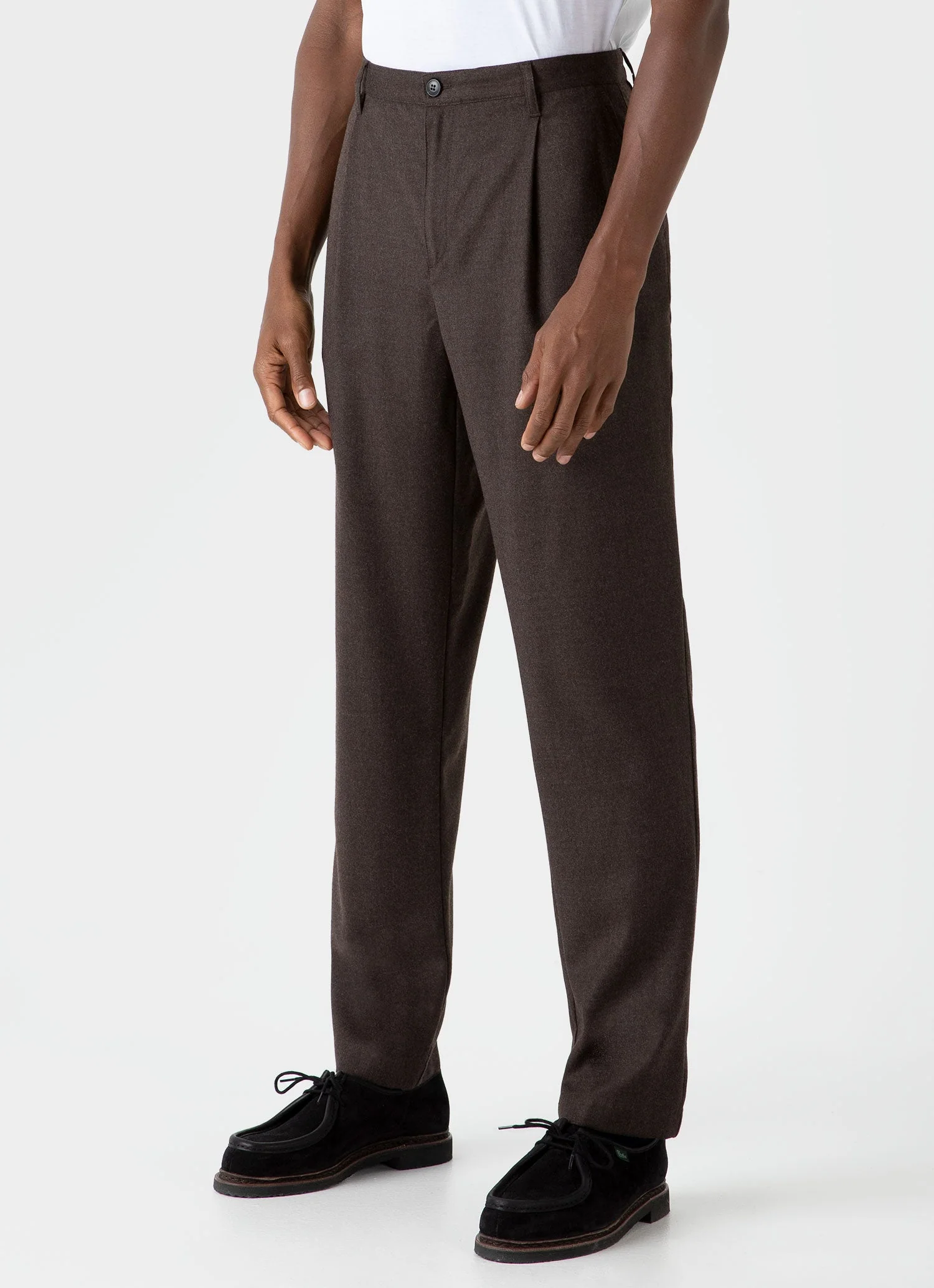 Men's Pleated Wool Flannel Trouser in Dark Brown Melange - Image 3