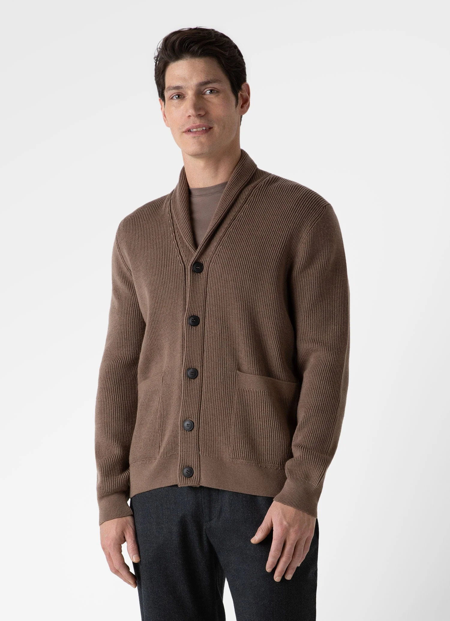 Men's Ribbed Shawl Neck Cardigan in Cedar - Image 2