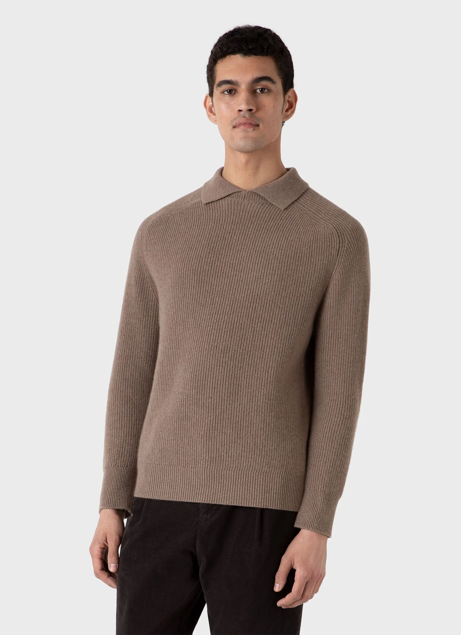 Men's Ribbed Polo Neck Jumper in Sandstone - Image 2