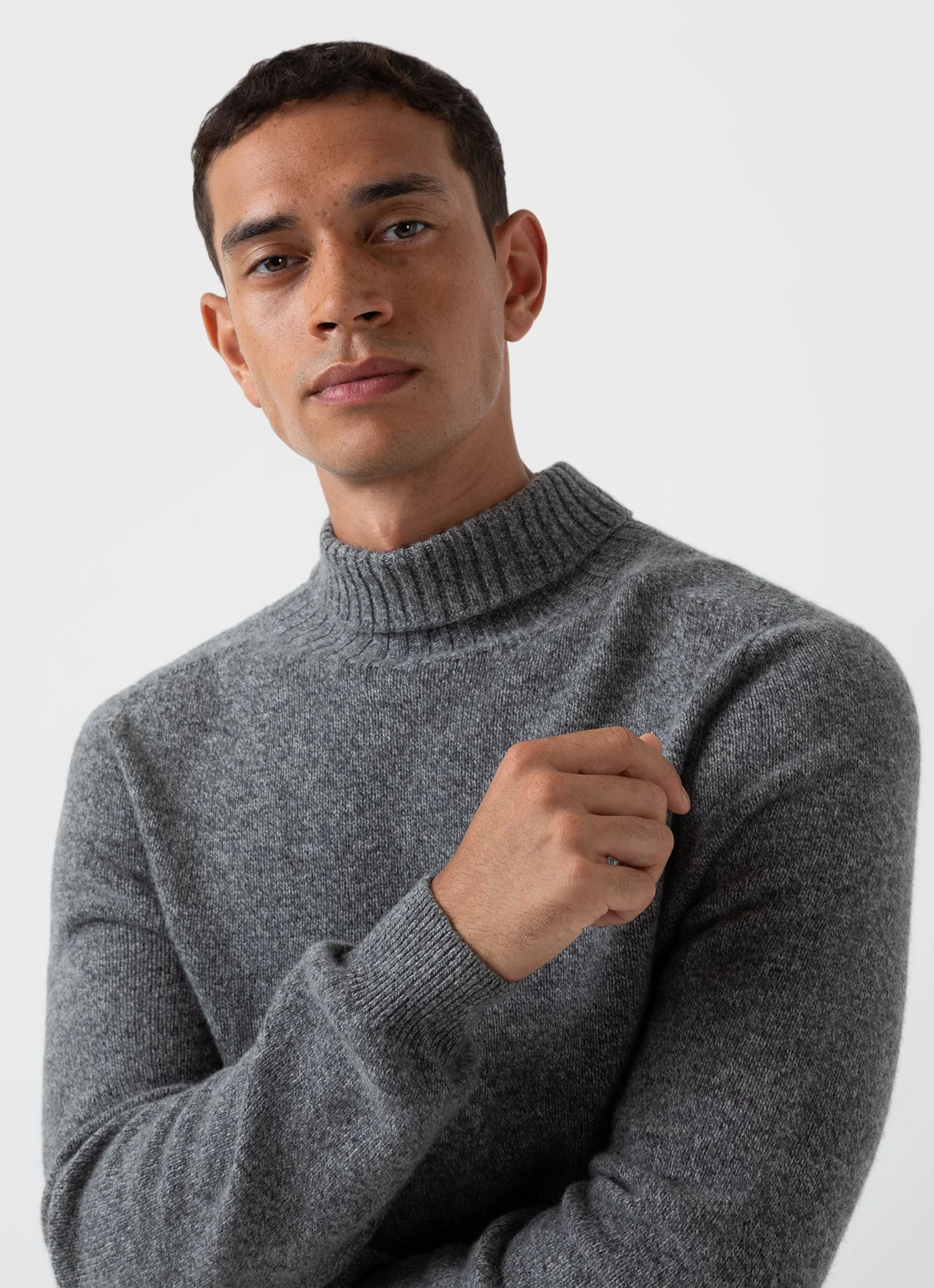 Men's Lambswool Roll Neck in Mid Grey Melange - Image 6