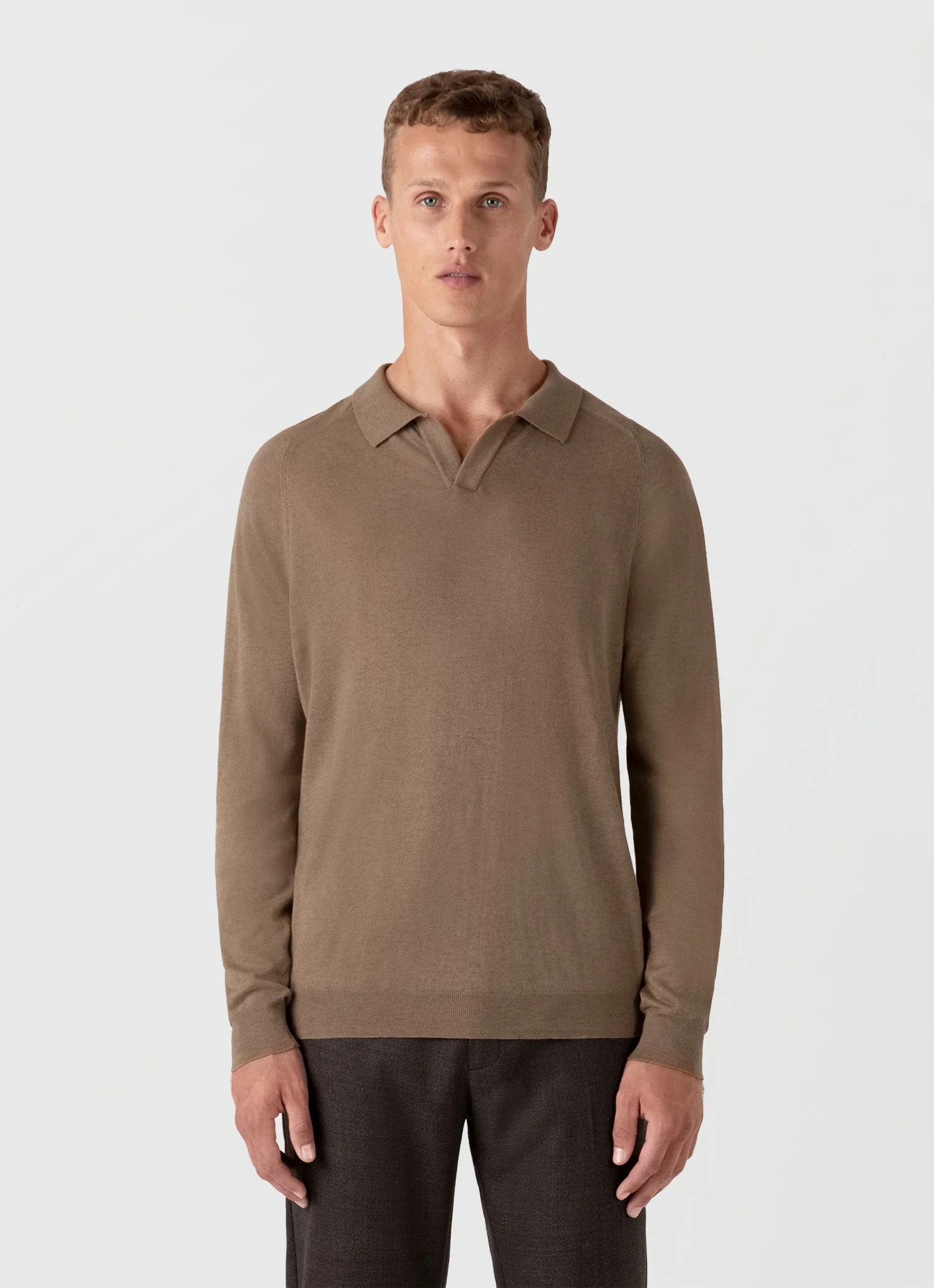 Men's Sea Island Cashmere Polo Shirt in Oat - Image 2