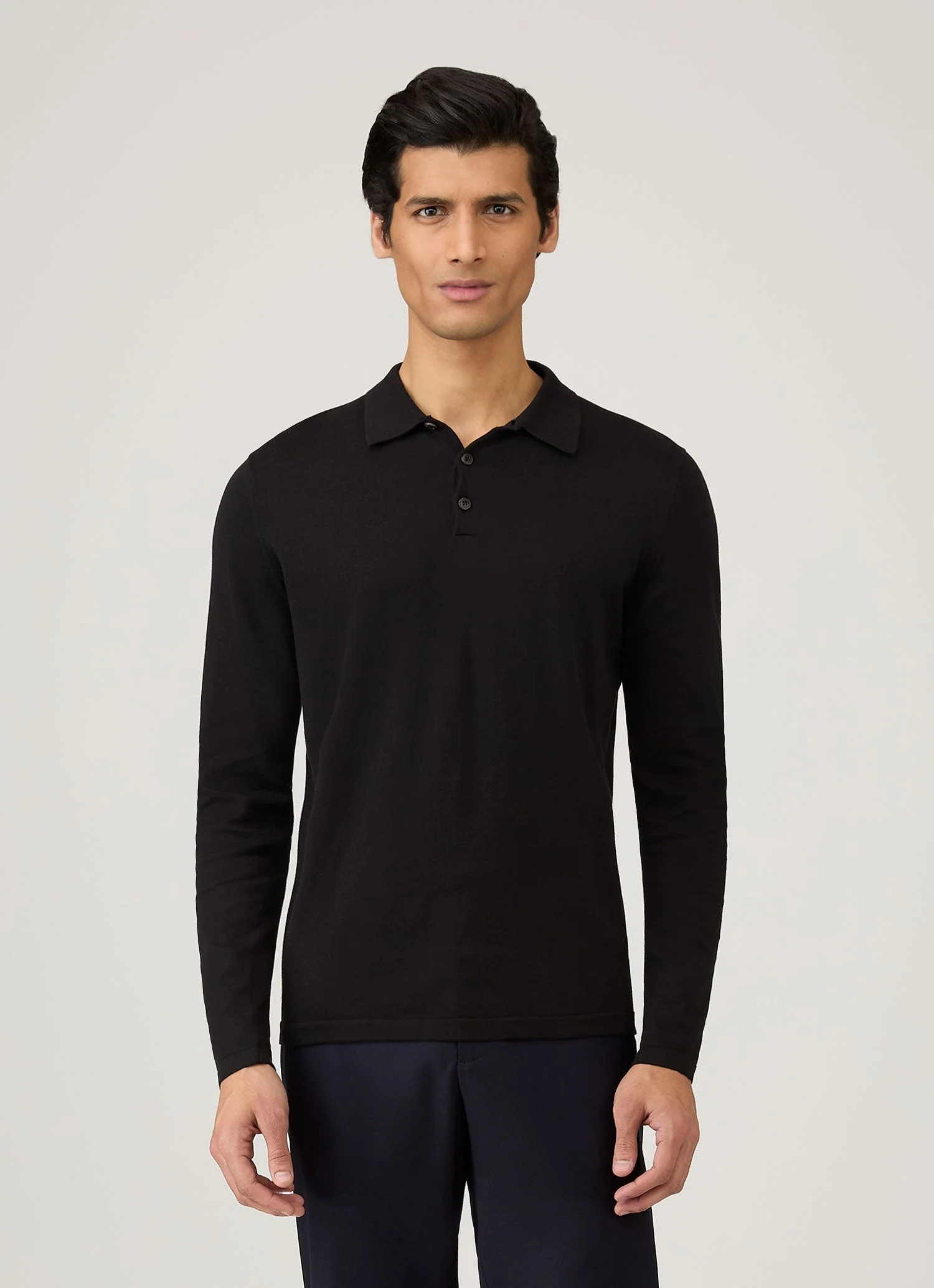 Men's Long Sleeve Sea Island Cotton Knit Polo Shirt in Black - Image 2