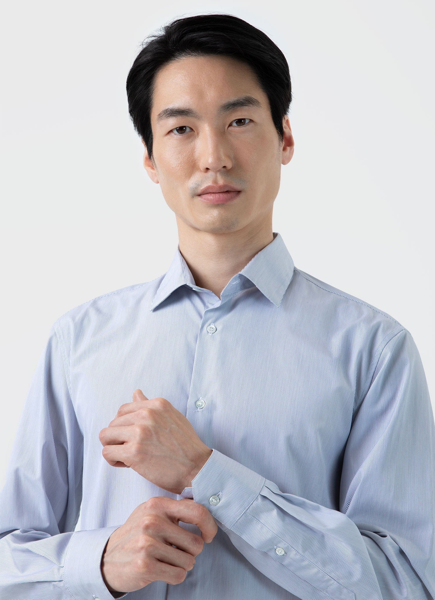 Men's Sea Island Cotton Shirt in Navy/White Fine Stripe - Image 5