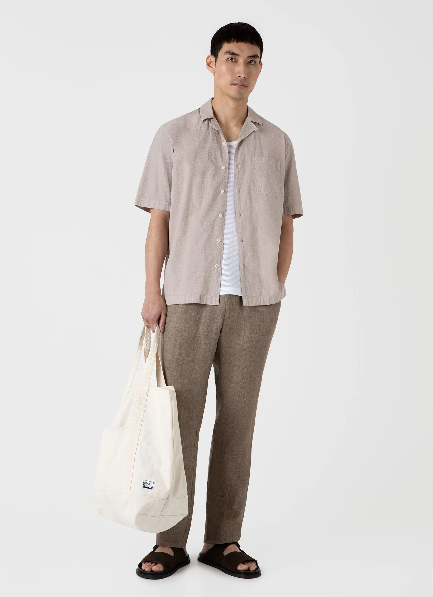 Men's Seersucker Camp Collar Shirt in Light Sand - Image 3
