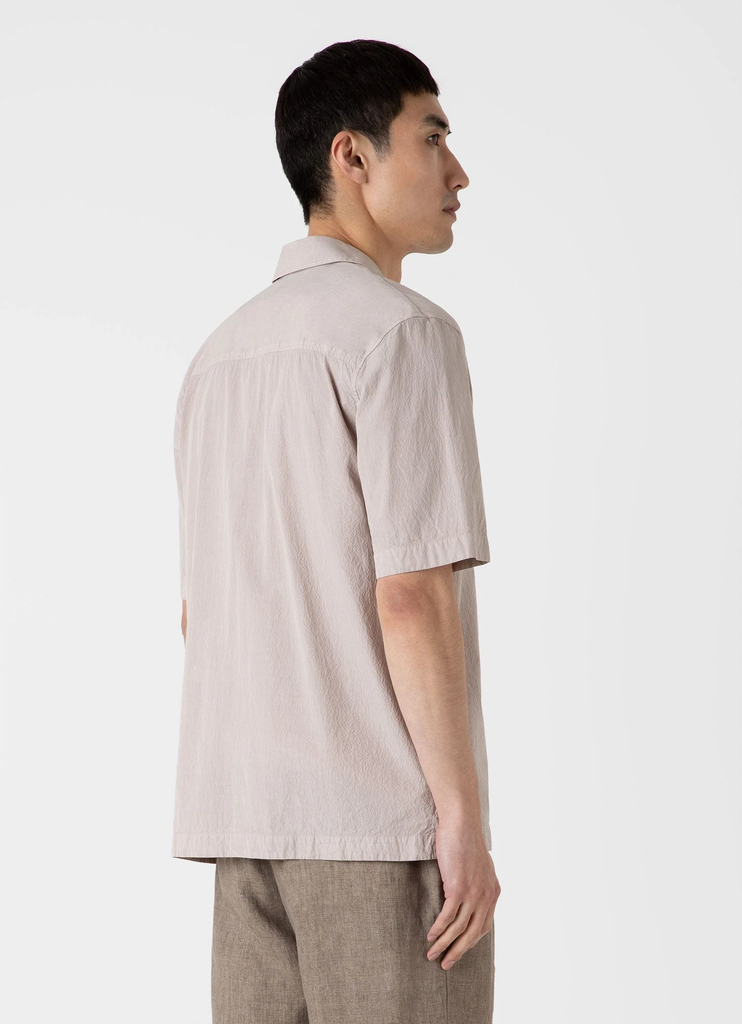 Men's Seersucker Camp Collar Shirt in Light Sand - Image 5