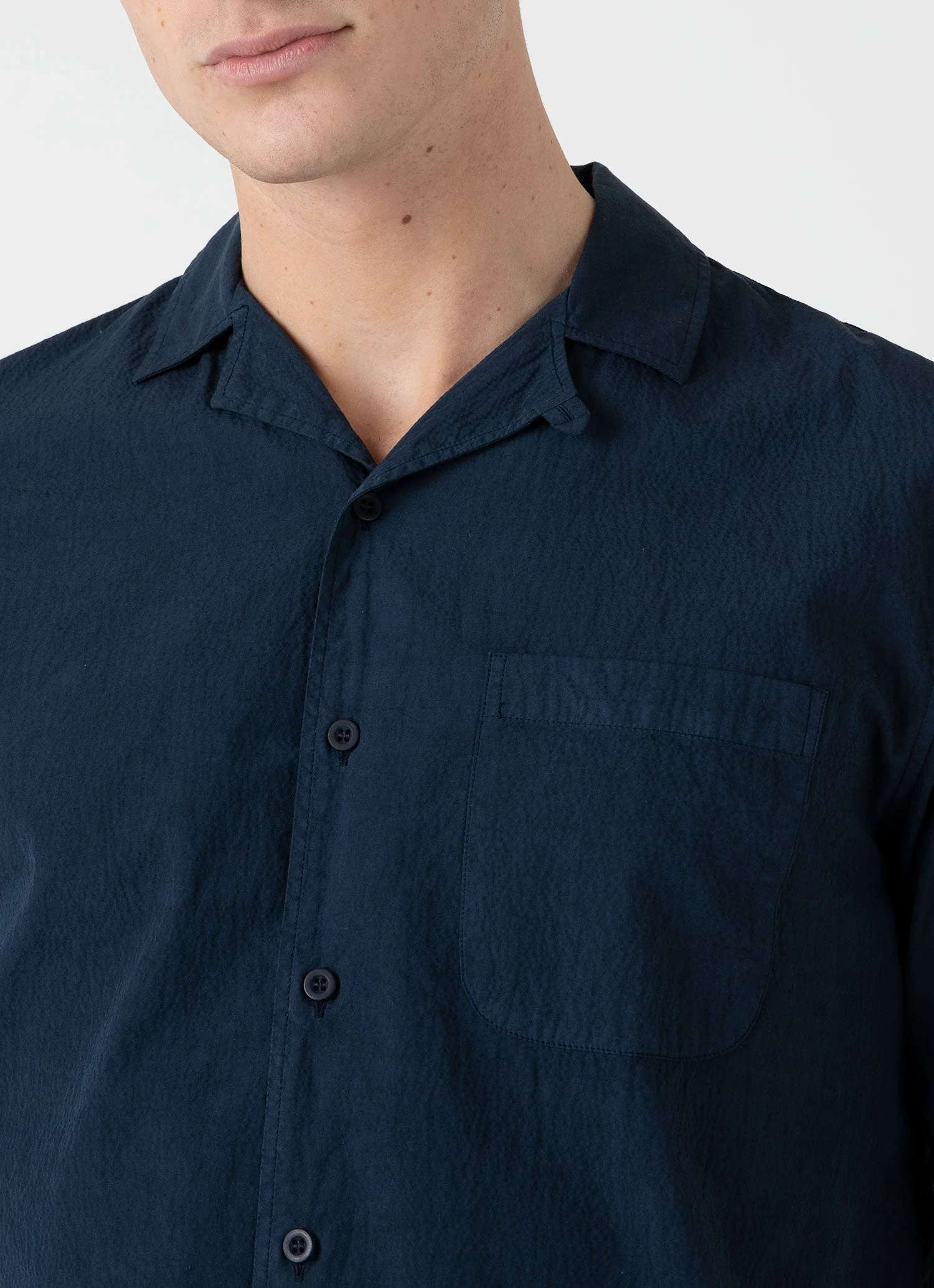 Men's Seersucker Camp Collar Shirt in Navy - Image 6