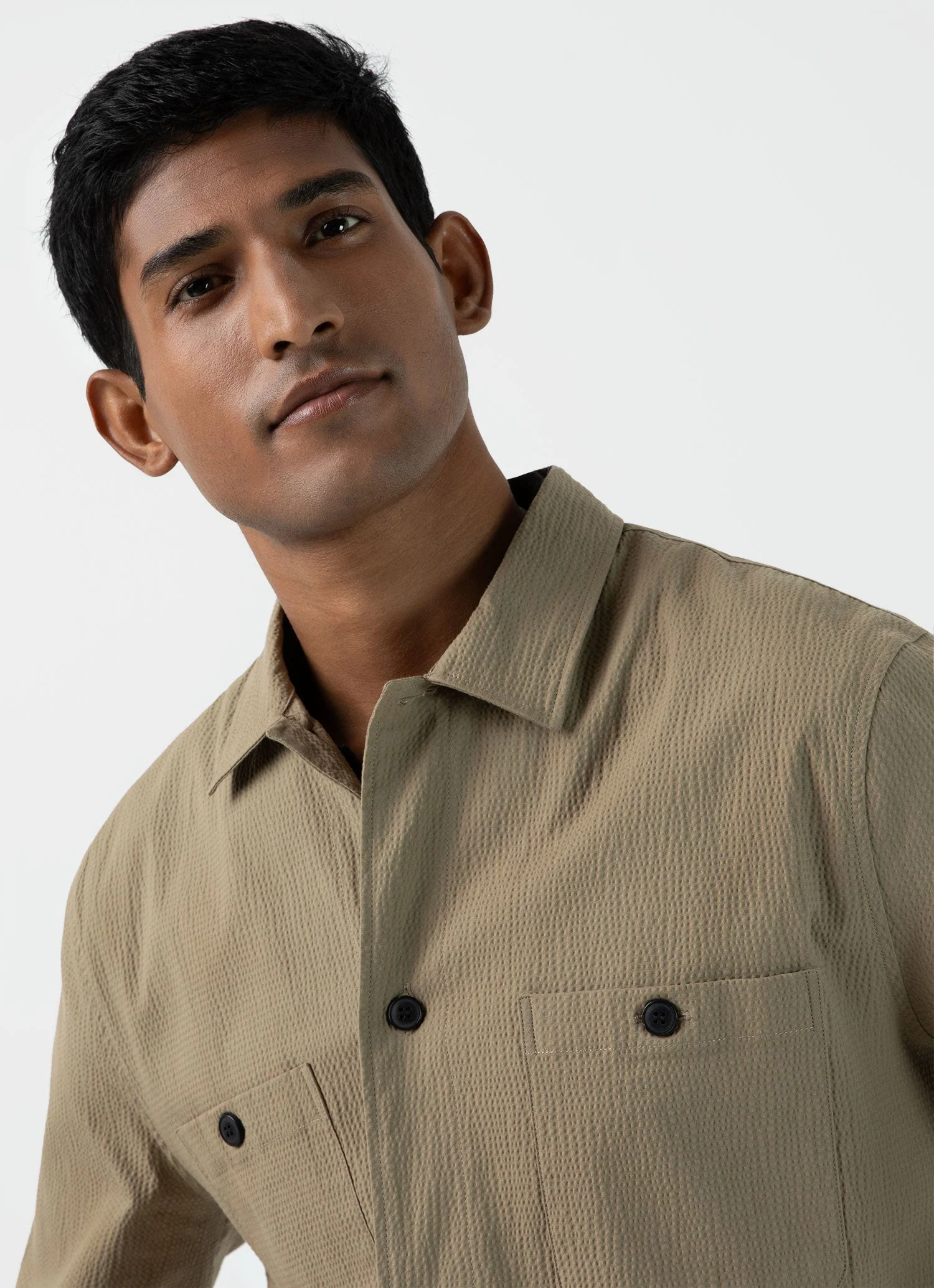 Men's Seersucker Overshirt in Dark Stone - Image 6
