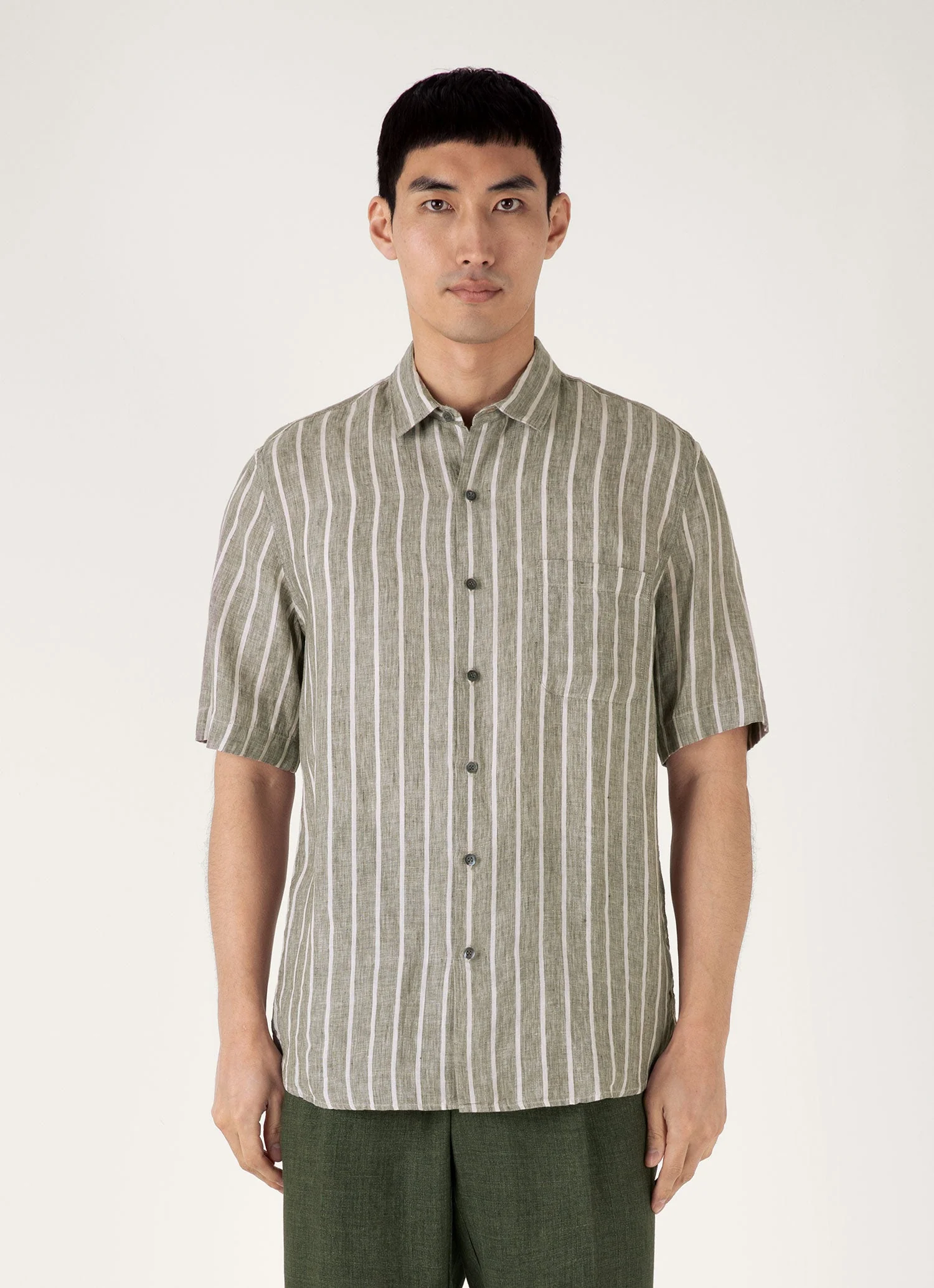 Men's Short Sleeve Linen Shirt in Dusk Green/Ecru - Image 2