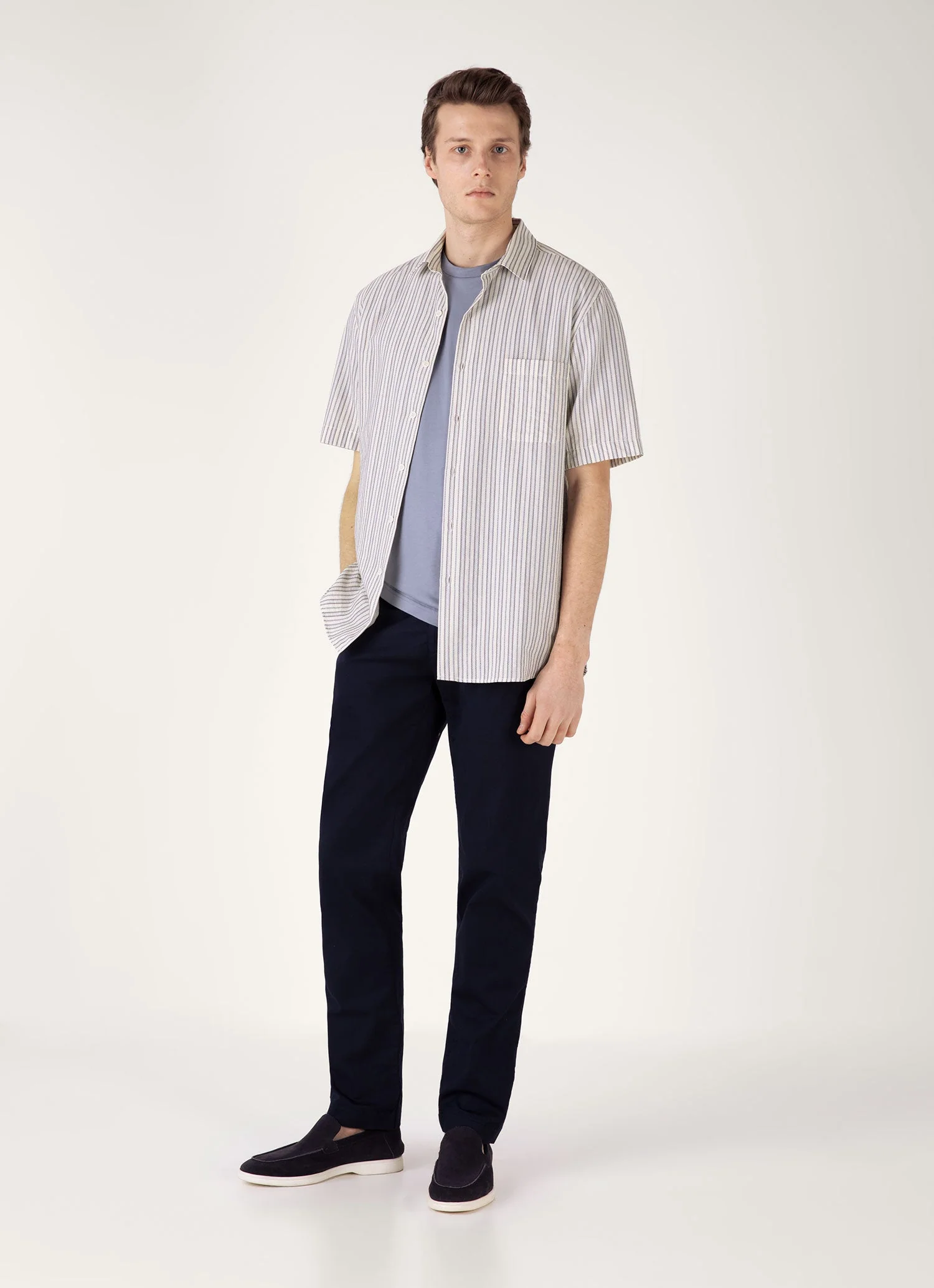 Men's Short Sleeve Vintage Stripe Shirt in Soft Denim/Ecru - Image 3