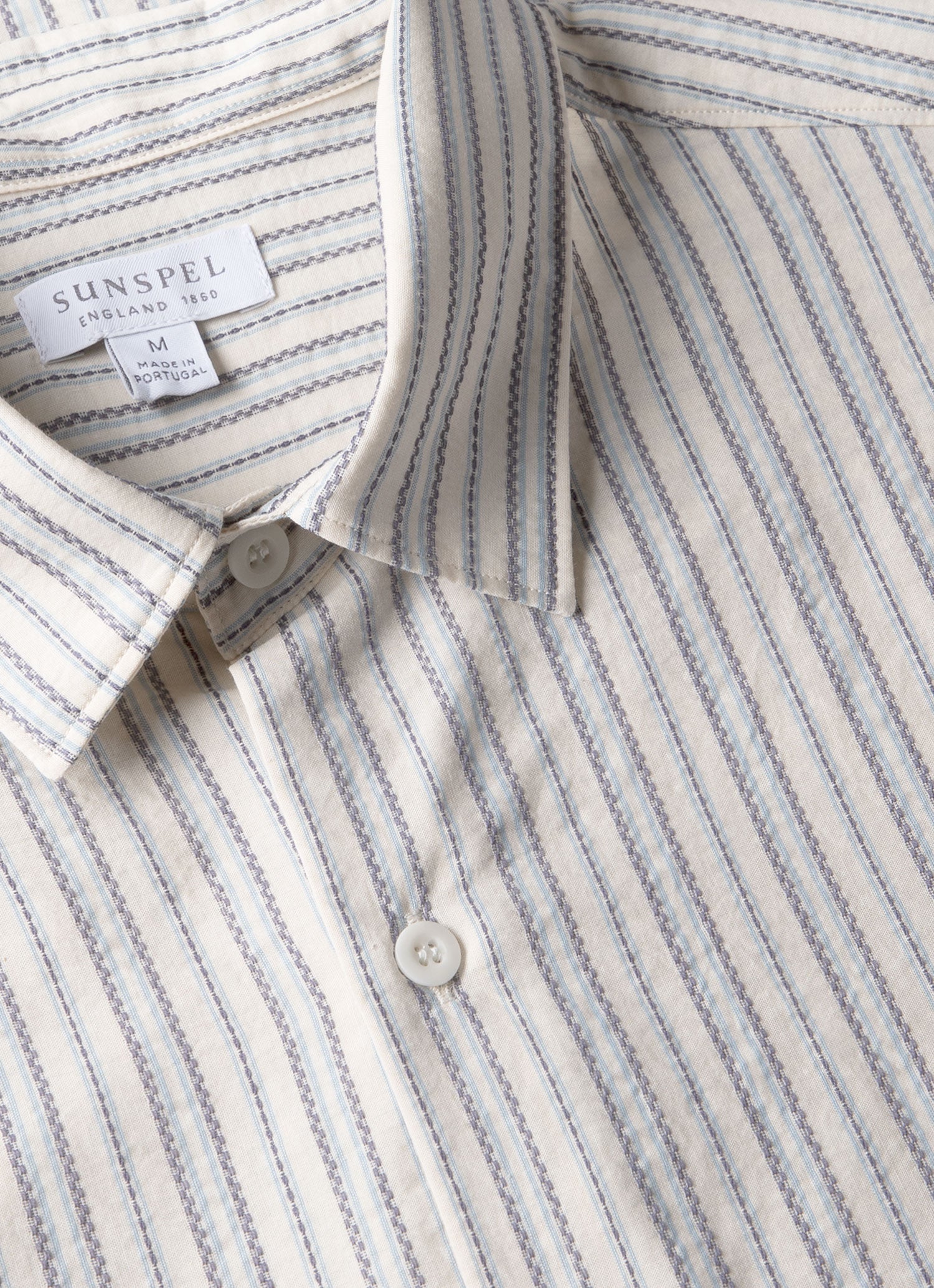 Men's Short Sleeve Vintage Stripe Shirt in Soft Denim/Ecru - Image 4