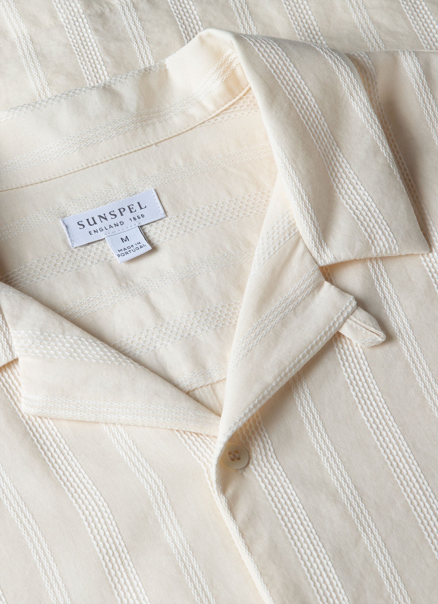 Men's Embroidered Stripe Camp Collar Shirt in Ecru - Image 4