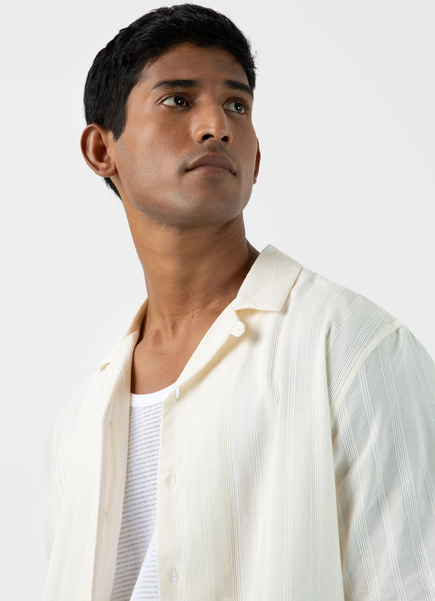 Men's Embroidered Stripe Camp Collar Shirt in Ecru - Image 6
