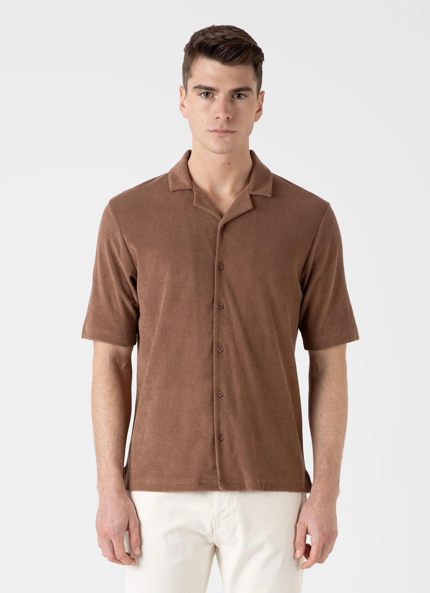 Men's Towelling Camp Collar Shirt in Dark Sand - Image 2