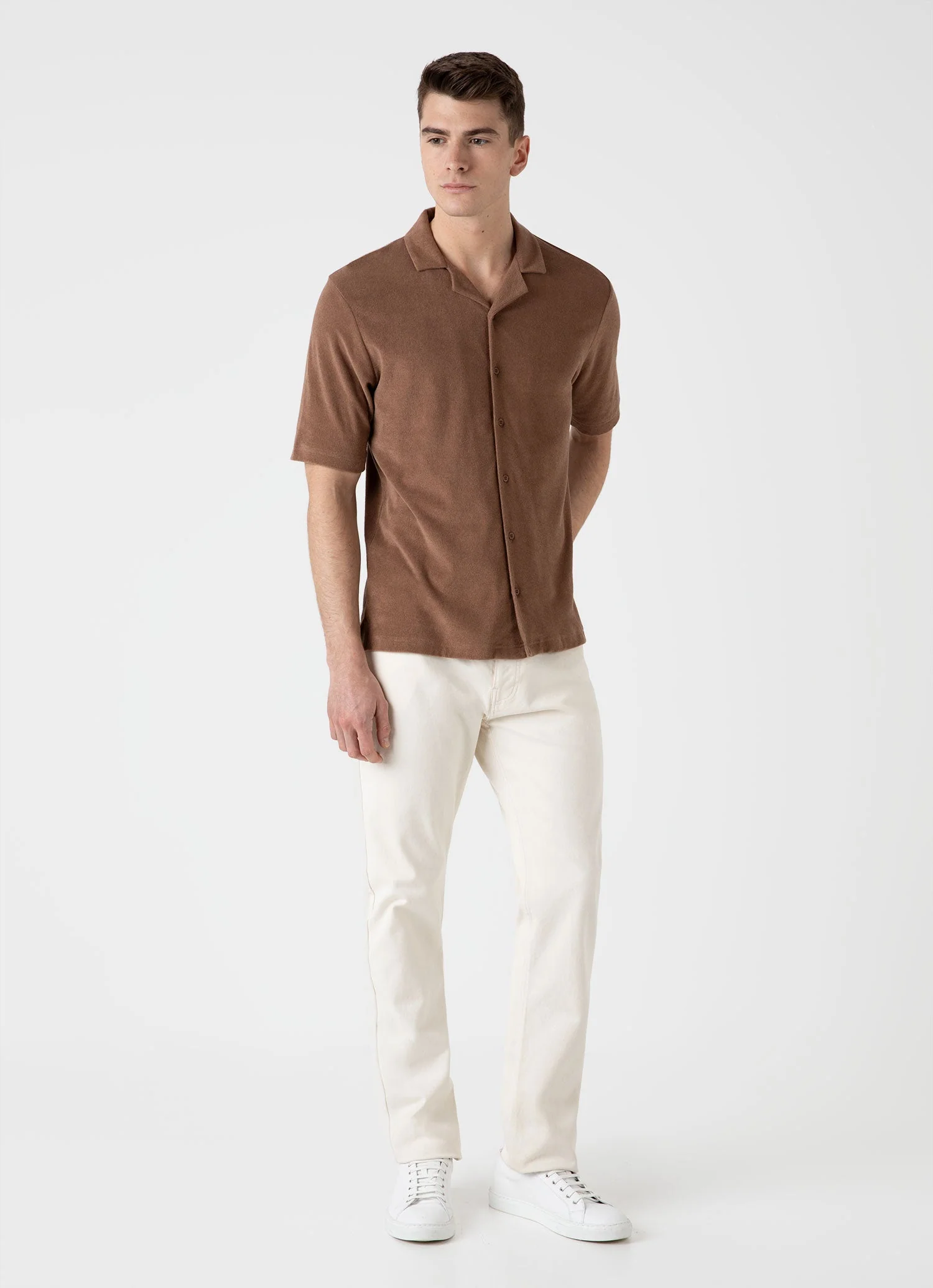 Men's Towelling Camp Collar Shirt in Dark Sand - Image 3
