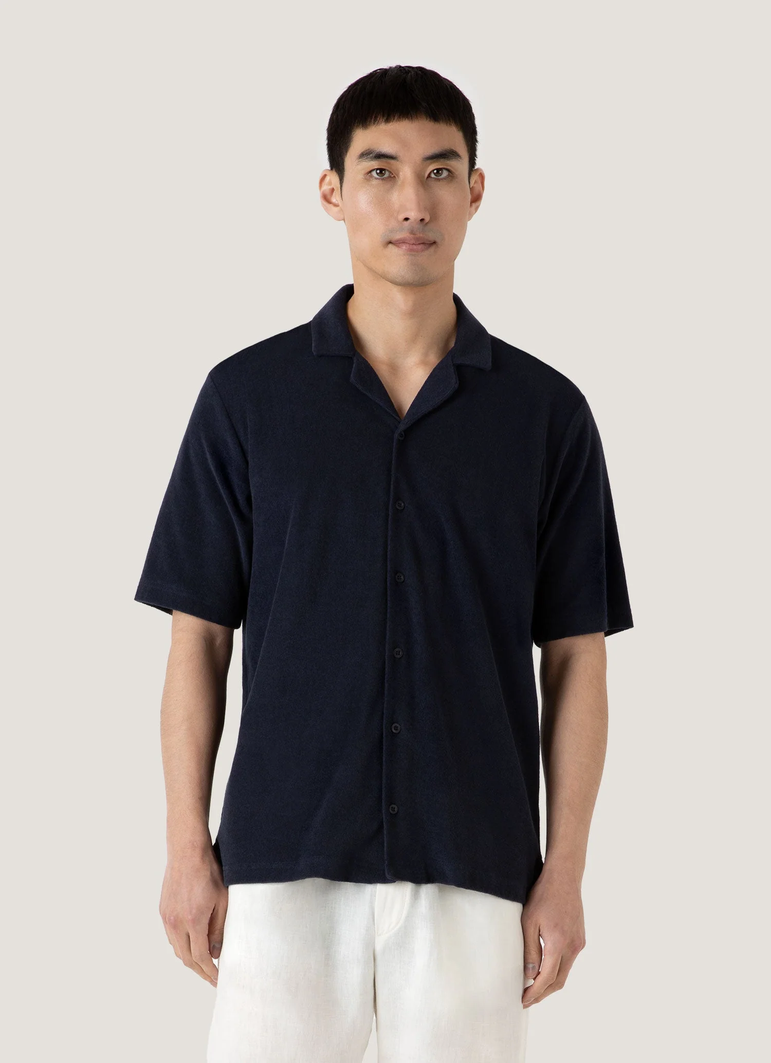 Men's Towelling Camp Collar Shirt in Navy - Image 2