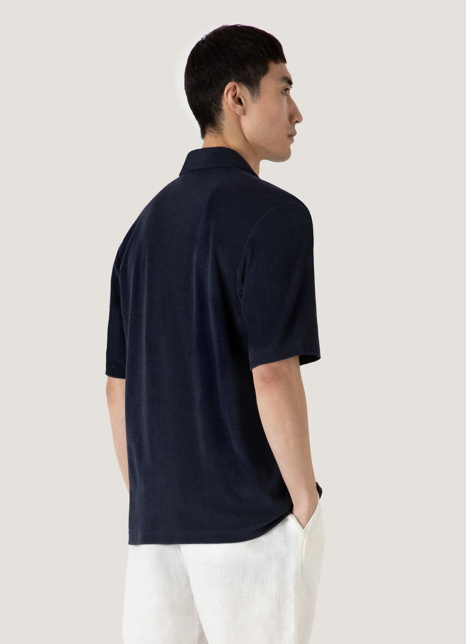 Men's Towelling Camp Collar Shirt in Navy - Image 5