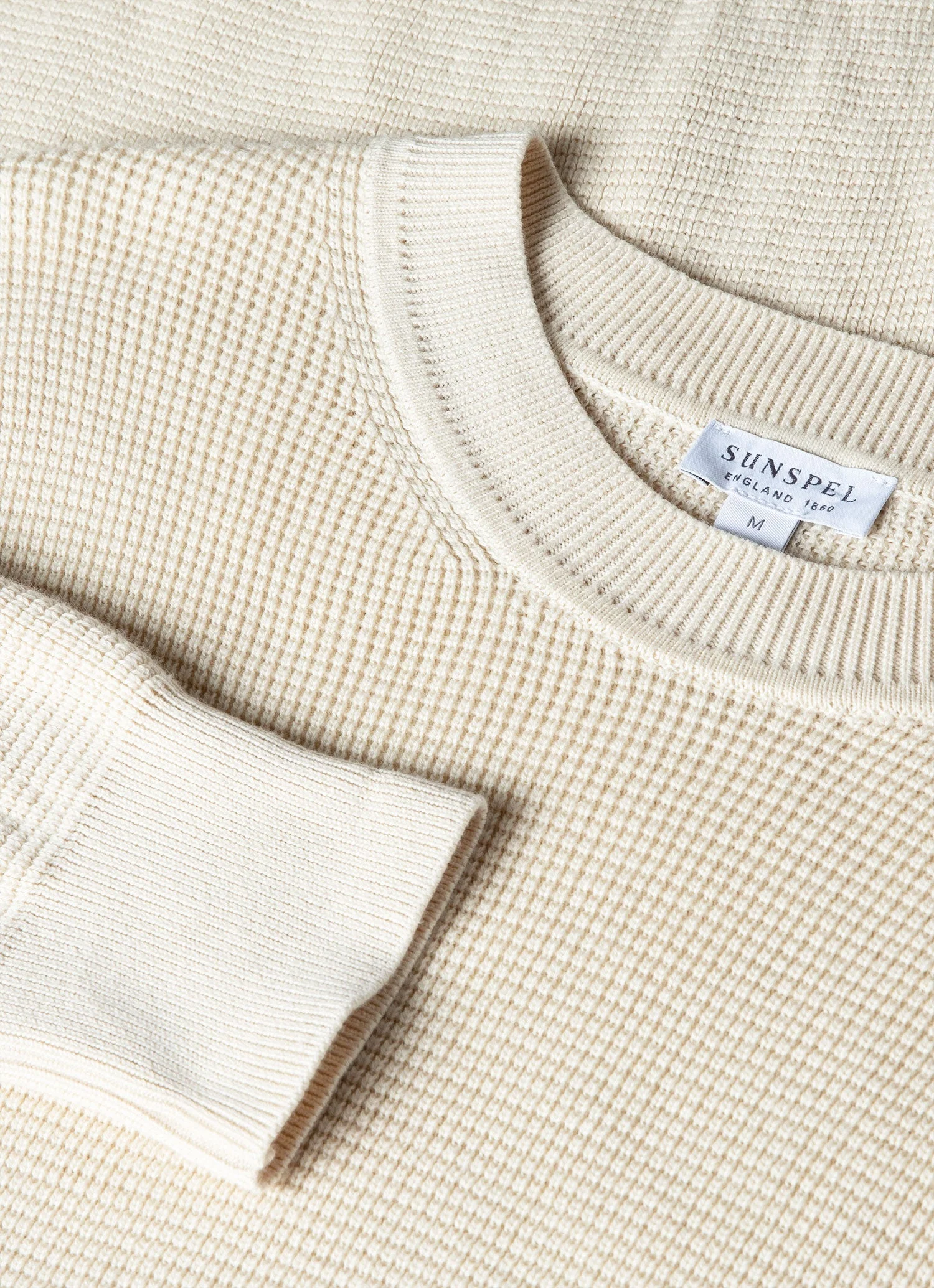 Men's Waffle Stitch Crew Neck Jumper in Ecru - Image 4
