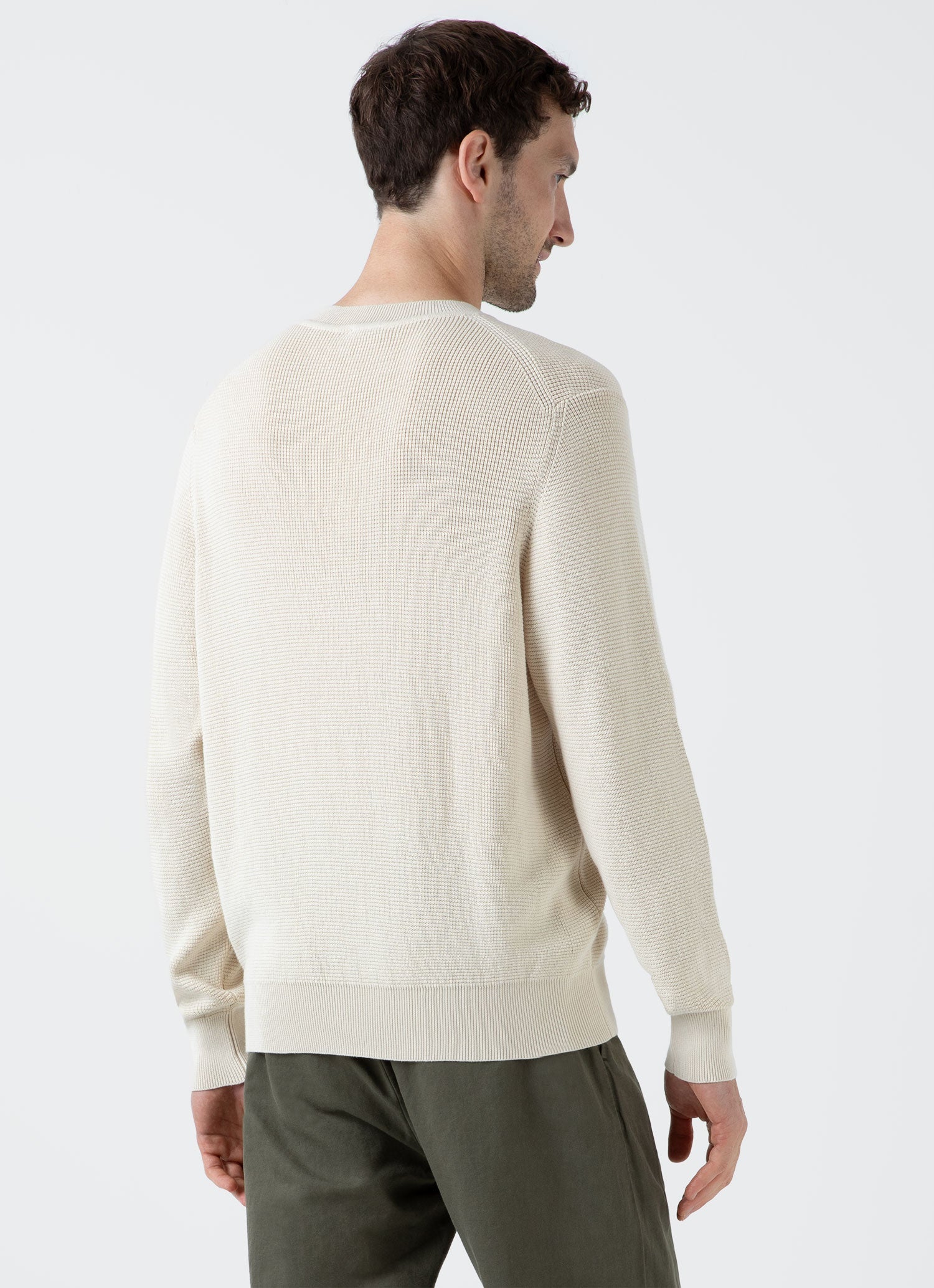 Men's Waffle Stitch Crew Neck Jumper in Ecru - Image 5