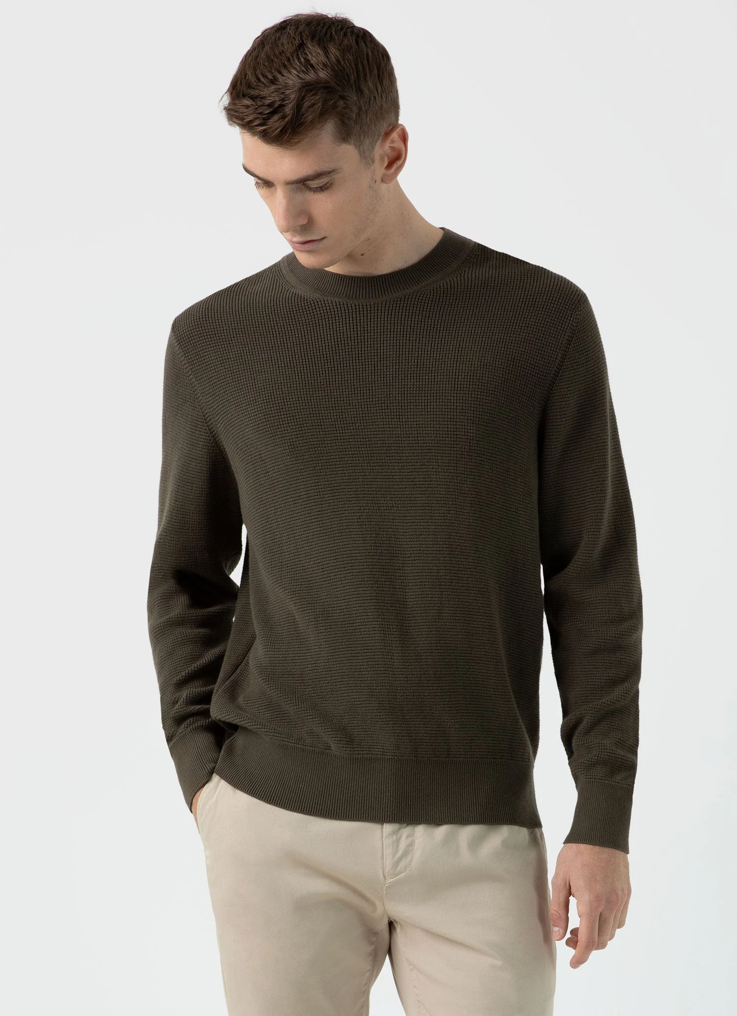 Men's Waffle Stitch Crew Neck Jumper in Khaki - Image 2