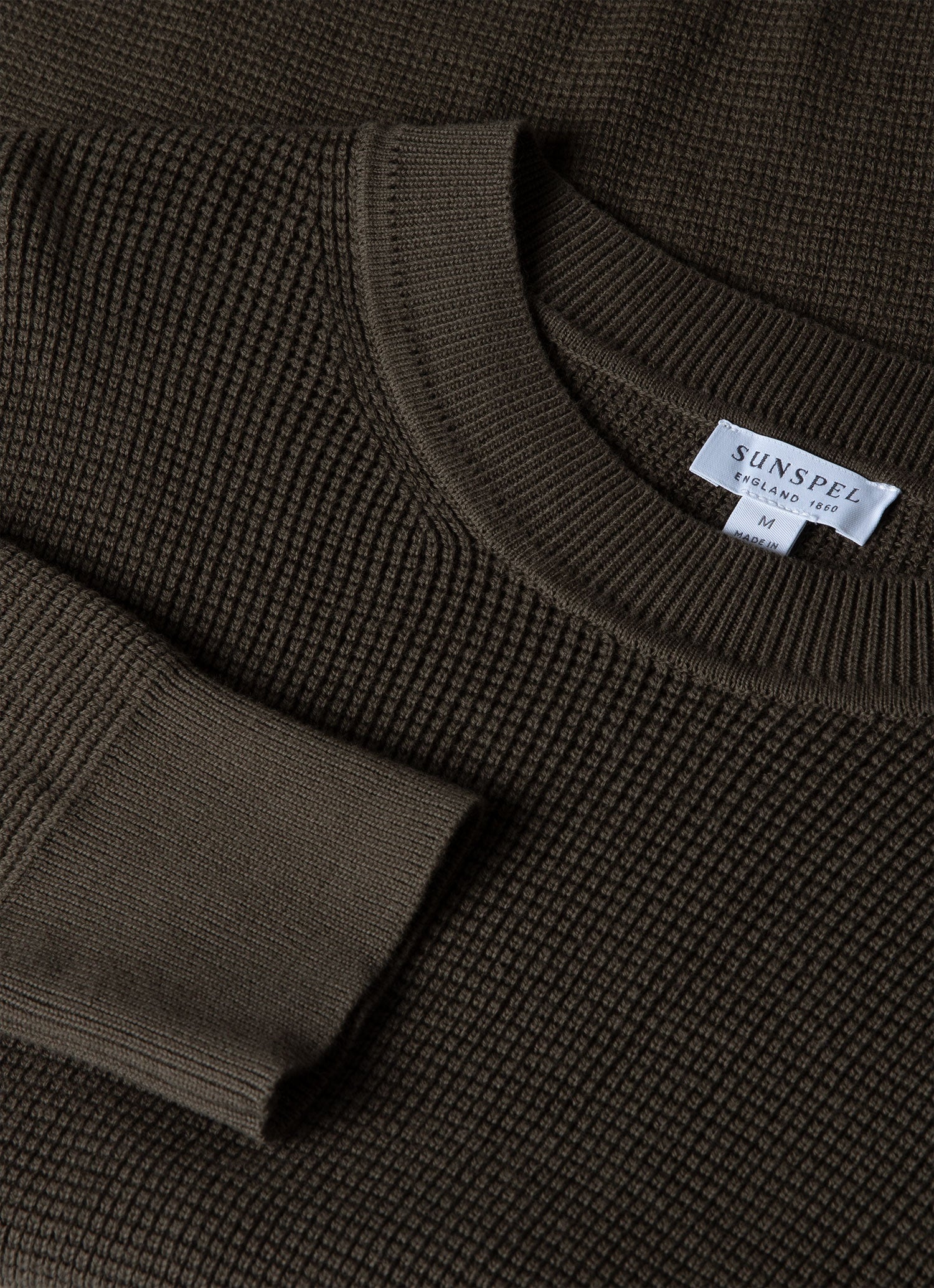 Men's Waffle Stitch Crew Neck Jumper in Khaki - Image 4