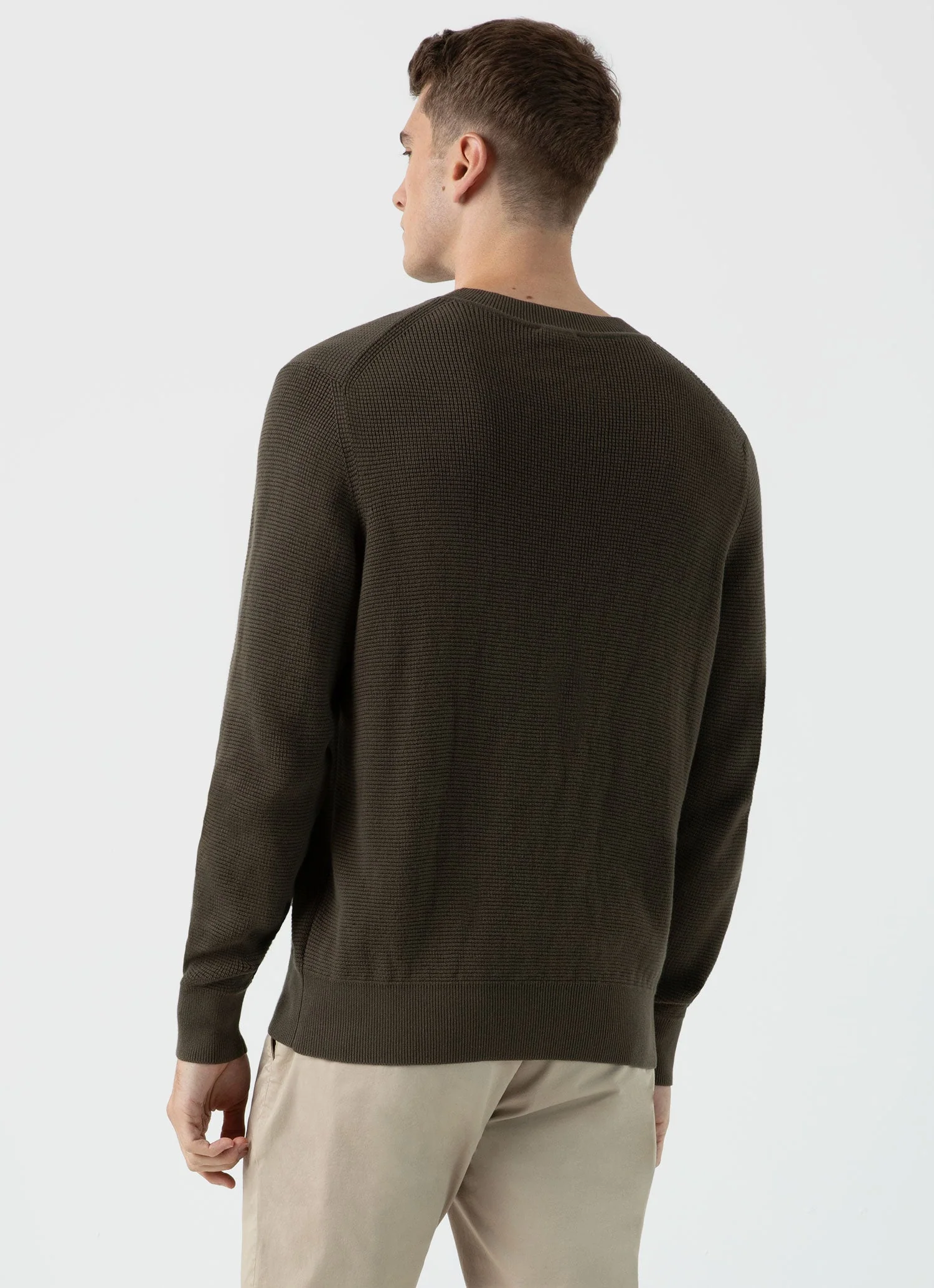 Men's Waffle Stitch Crew Neck Jumper in Khaki - Image 5
