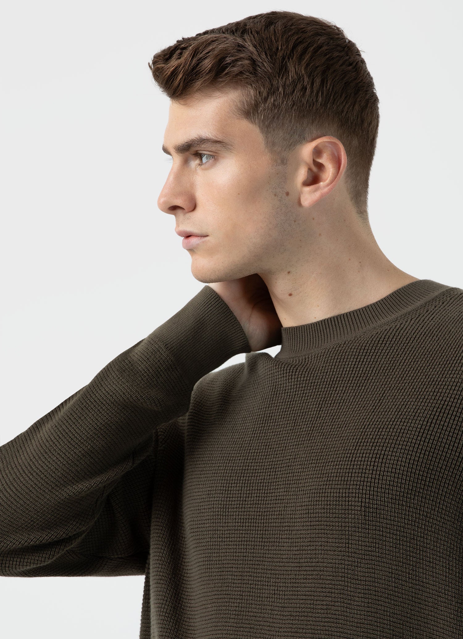 Men's Waffle Stitch Crew Neck Jumper in Khaki - Image 6