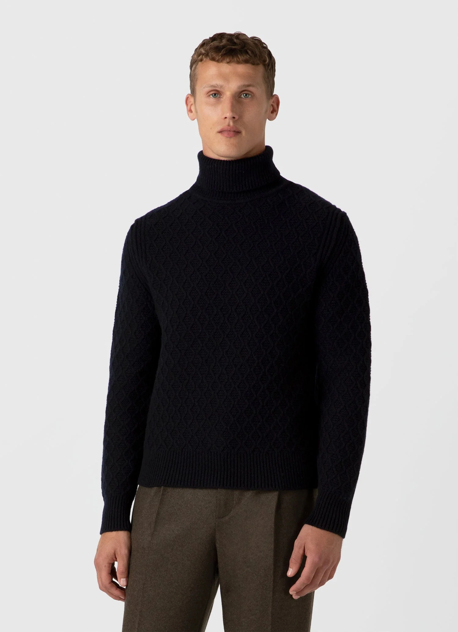 Men's WM Brown Aran Roll Neck in Dark Navy Mouline - Image 2