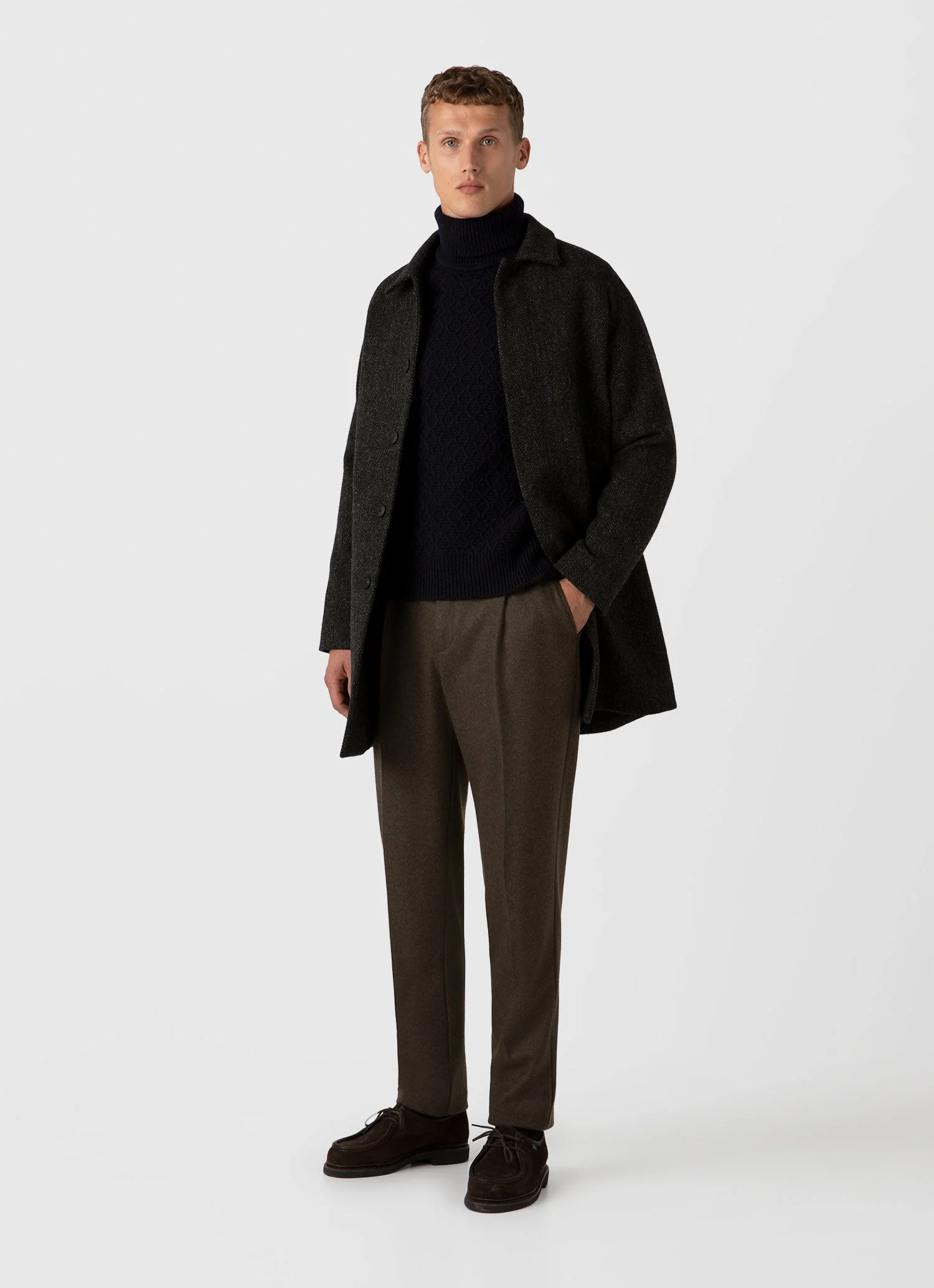 Men's WM Brown Aran Roll Neck in Dark Navy Mouline - Image 3