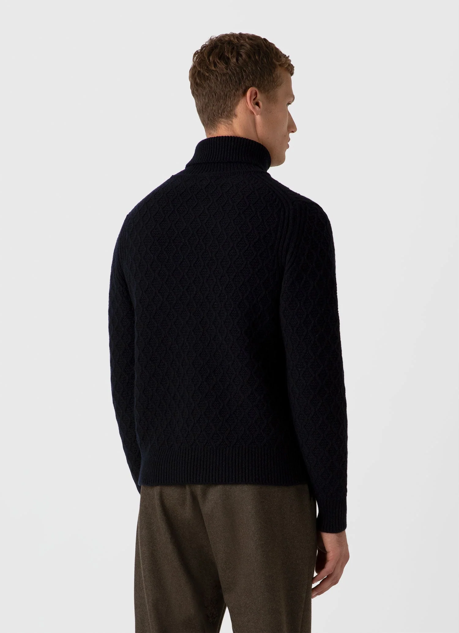Men's WM Brown Aran Roll Neck in Dark Navy Mouline - Image 5