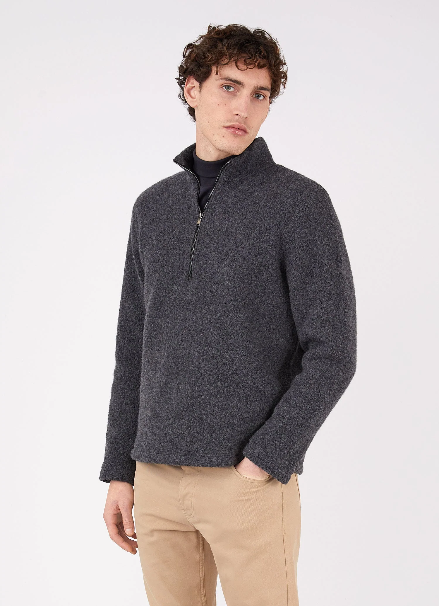 Men's Wool Fleece Zip Neck in Charcoal Melange - Image 2