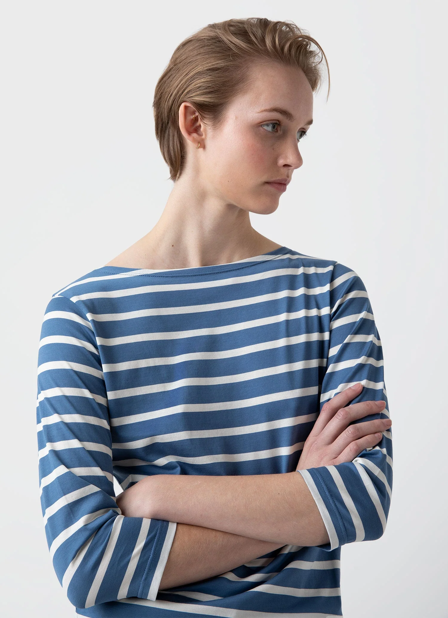 Women's Boat Neck T-shirt in Bluestone/Ecru Breton Stripe - Image 2