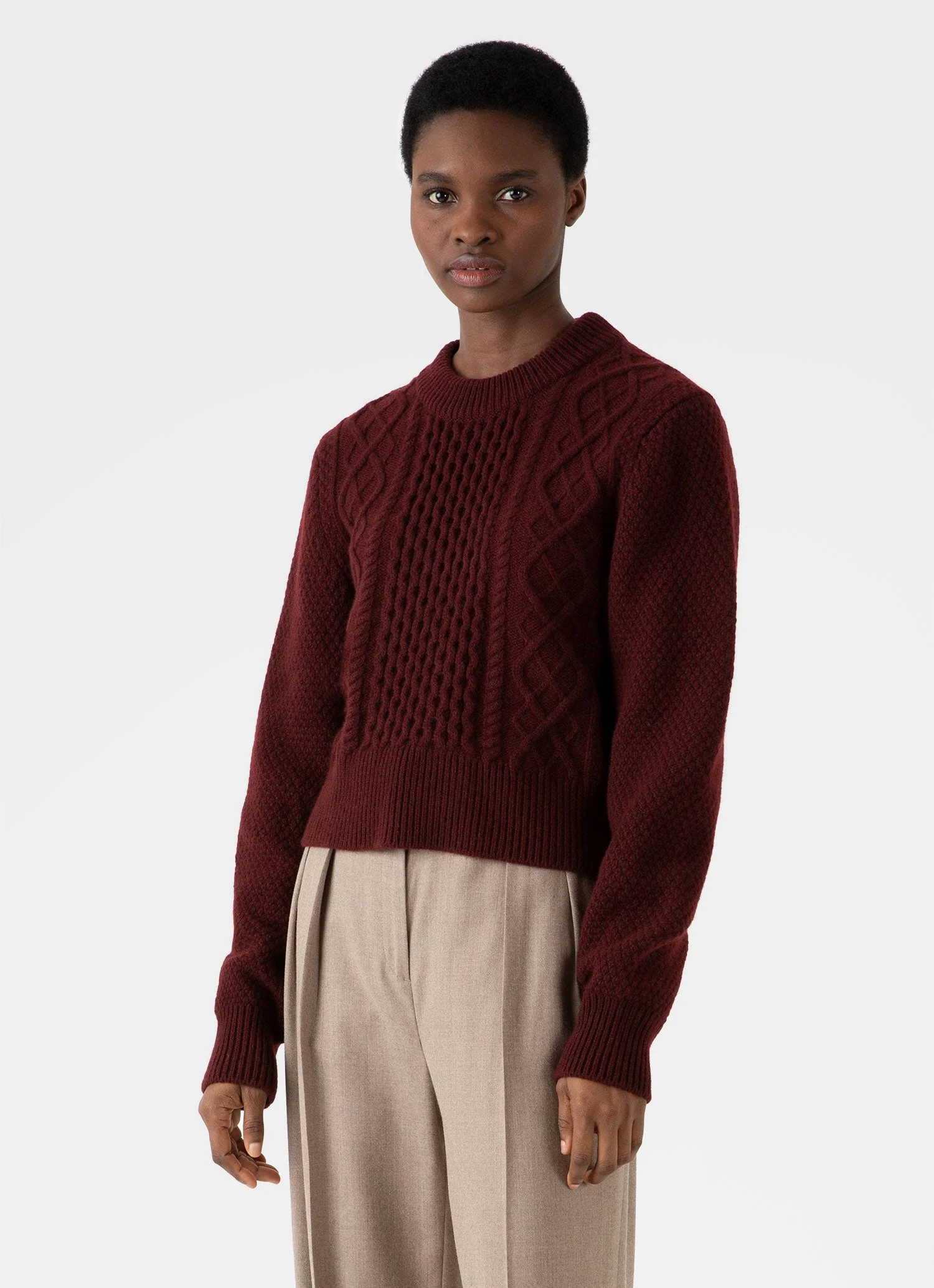 Women's Lambswool Cable Knit Jumper in Maroon - Image 3