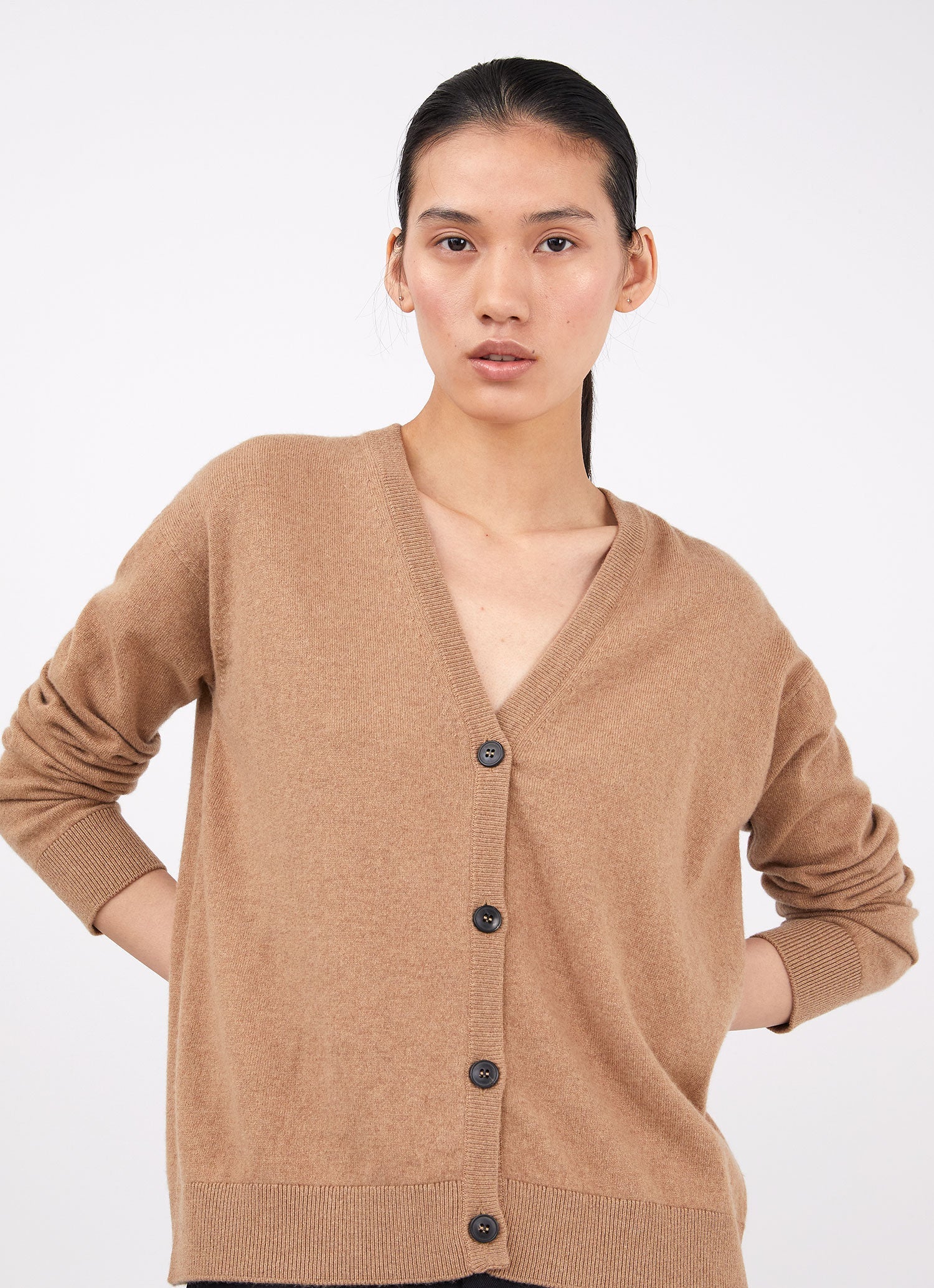 Women's Cashmere Boxy Cardigan in Camel - Image 2