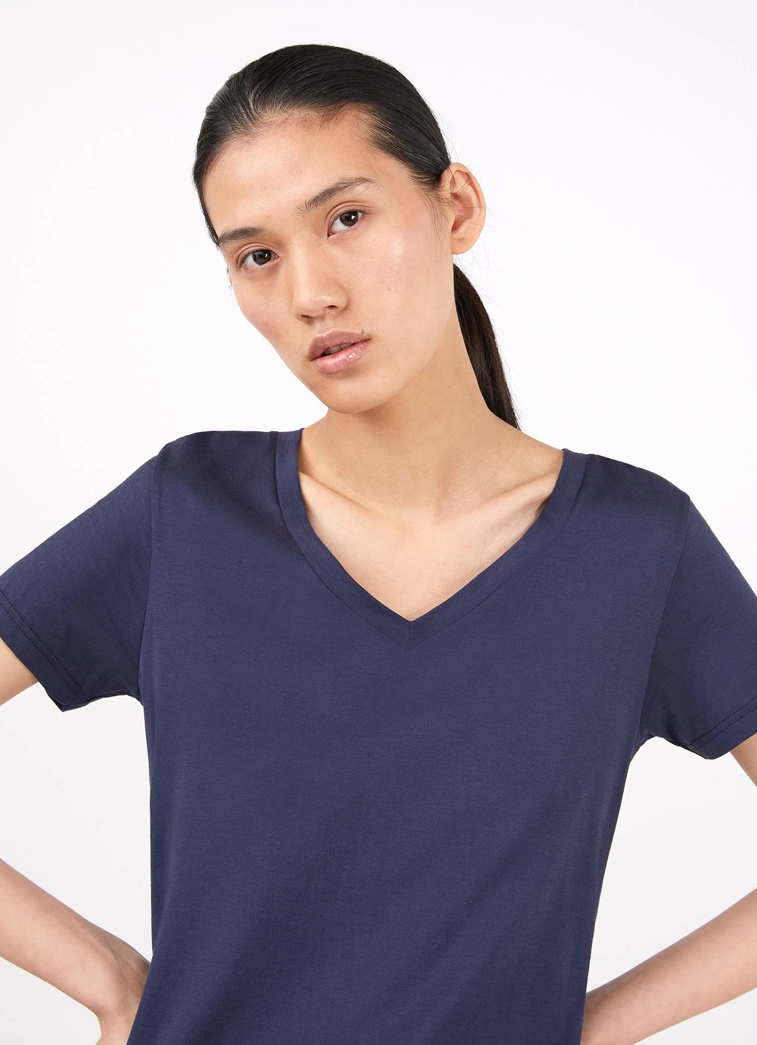Women's V-neck T-shirt in Navy - Image 2