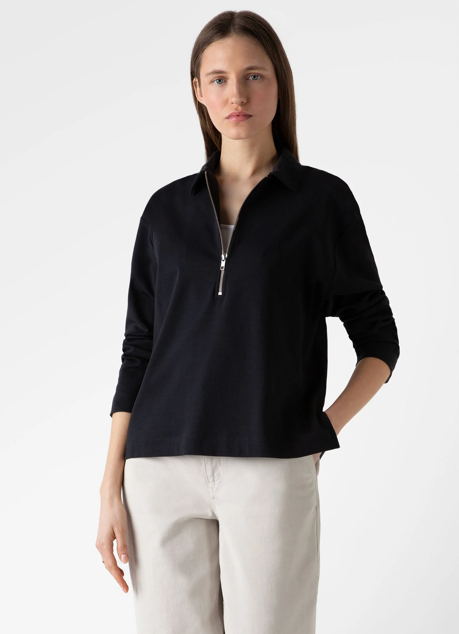 Women's Jersey Polo Top in Black - Image 3