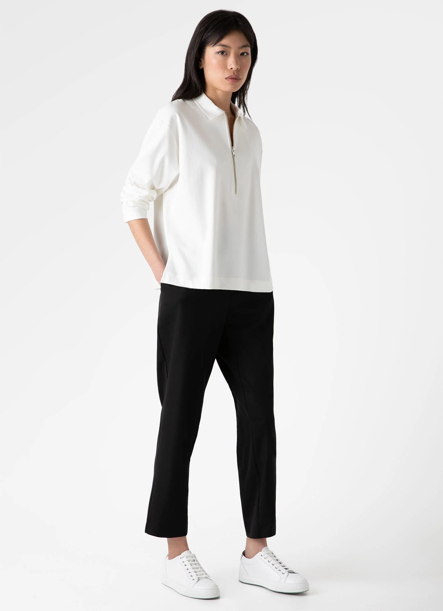 Women's Jersey Polo Top in Ecru - Image 2