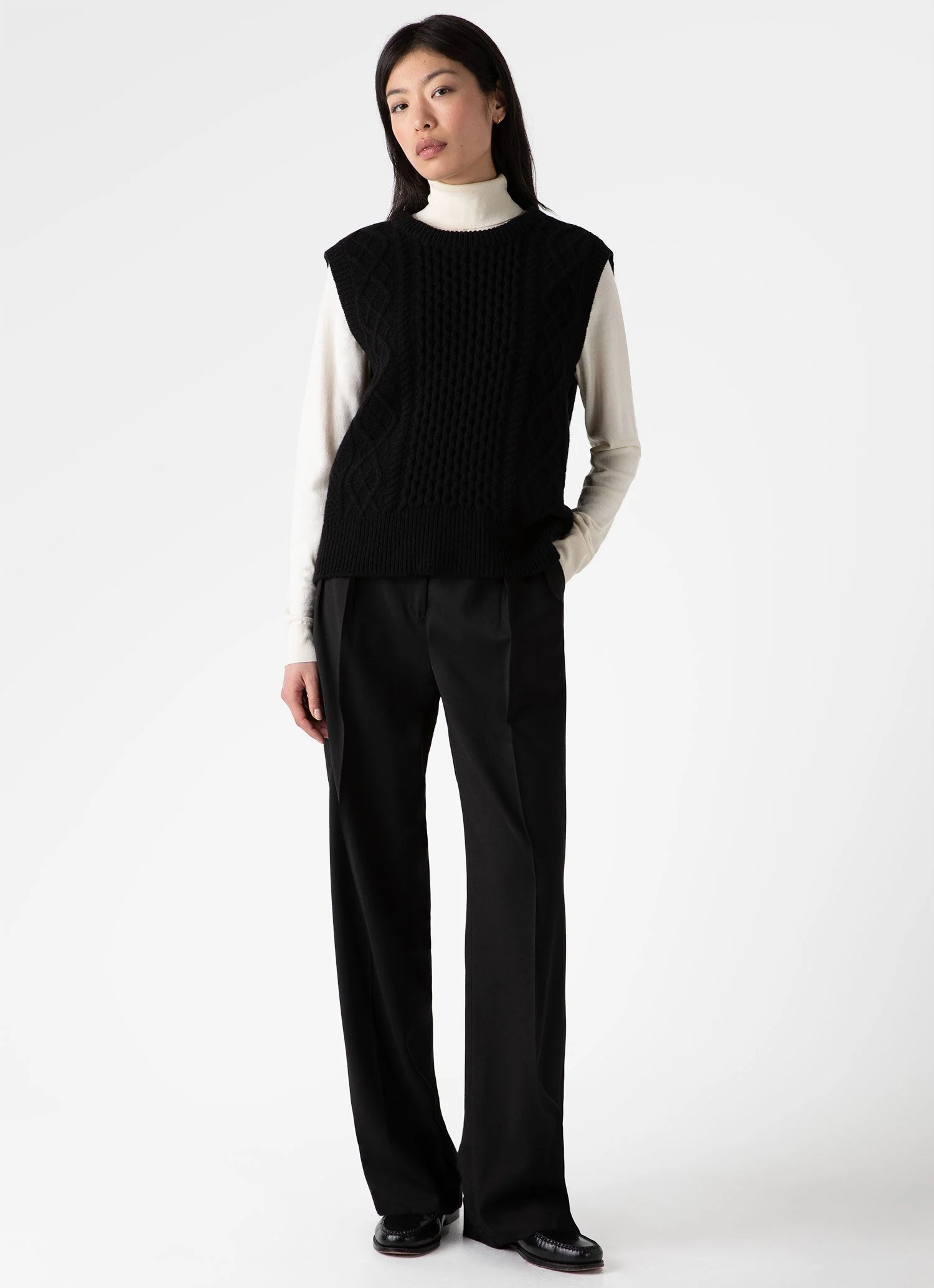 Women's Lambswool Cable Knit Vest in Black - Image 2