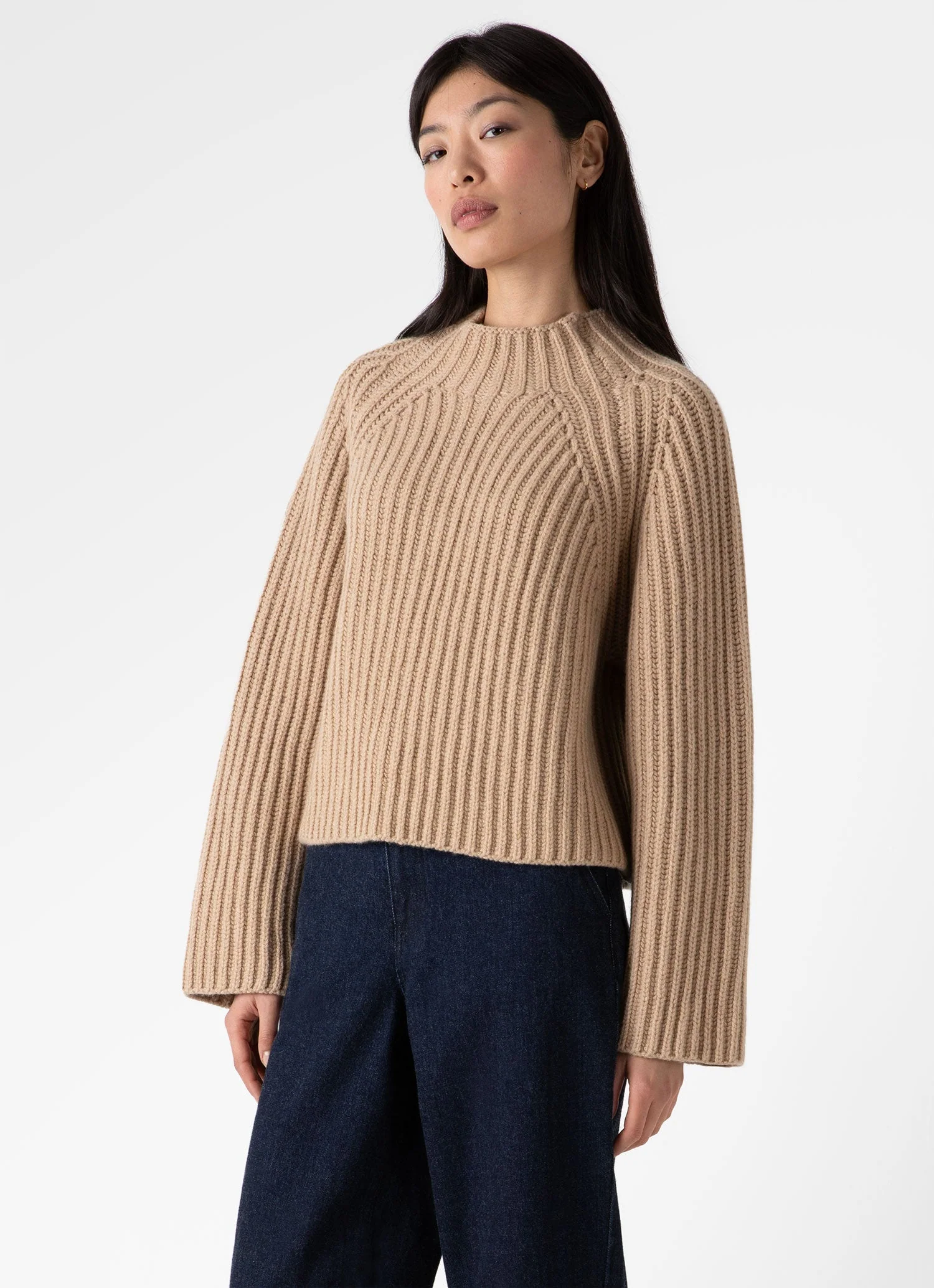 Women's Lambswool Chunky Funnel Neck Jumper in Light Camel - Image 2
