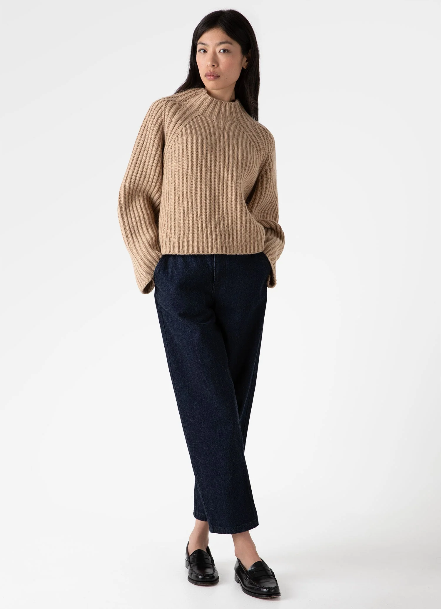 Women's Lambswool Chunky Funnel Neck Jumper in Light Camel - Image 3