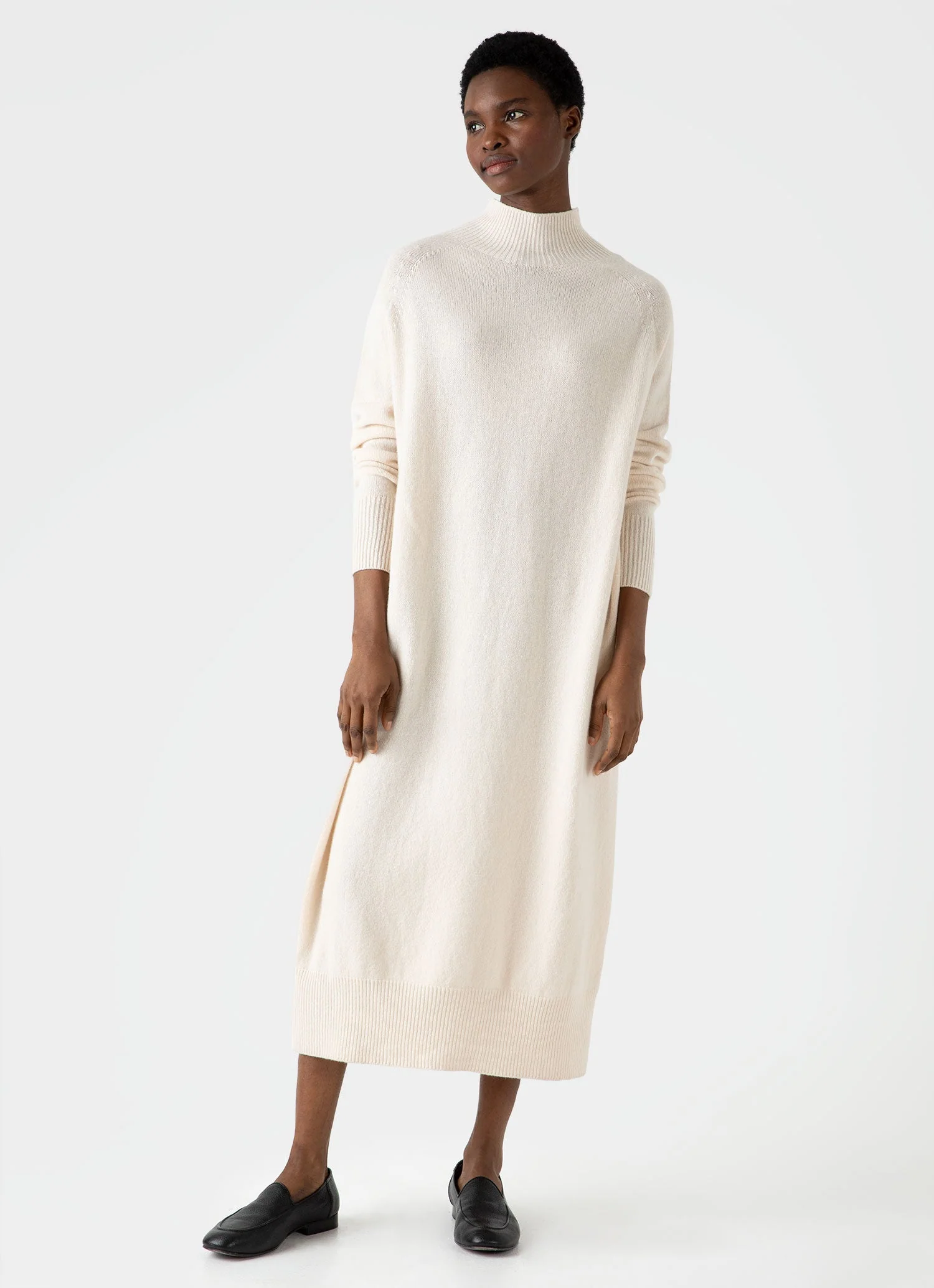 Women's Lambswool Funnel Neck Dress in Ecru - Image 3