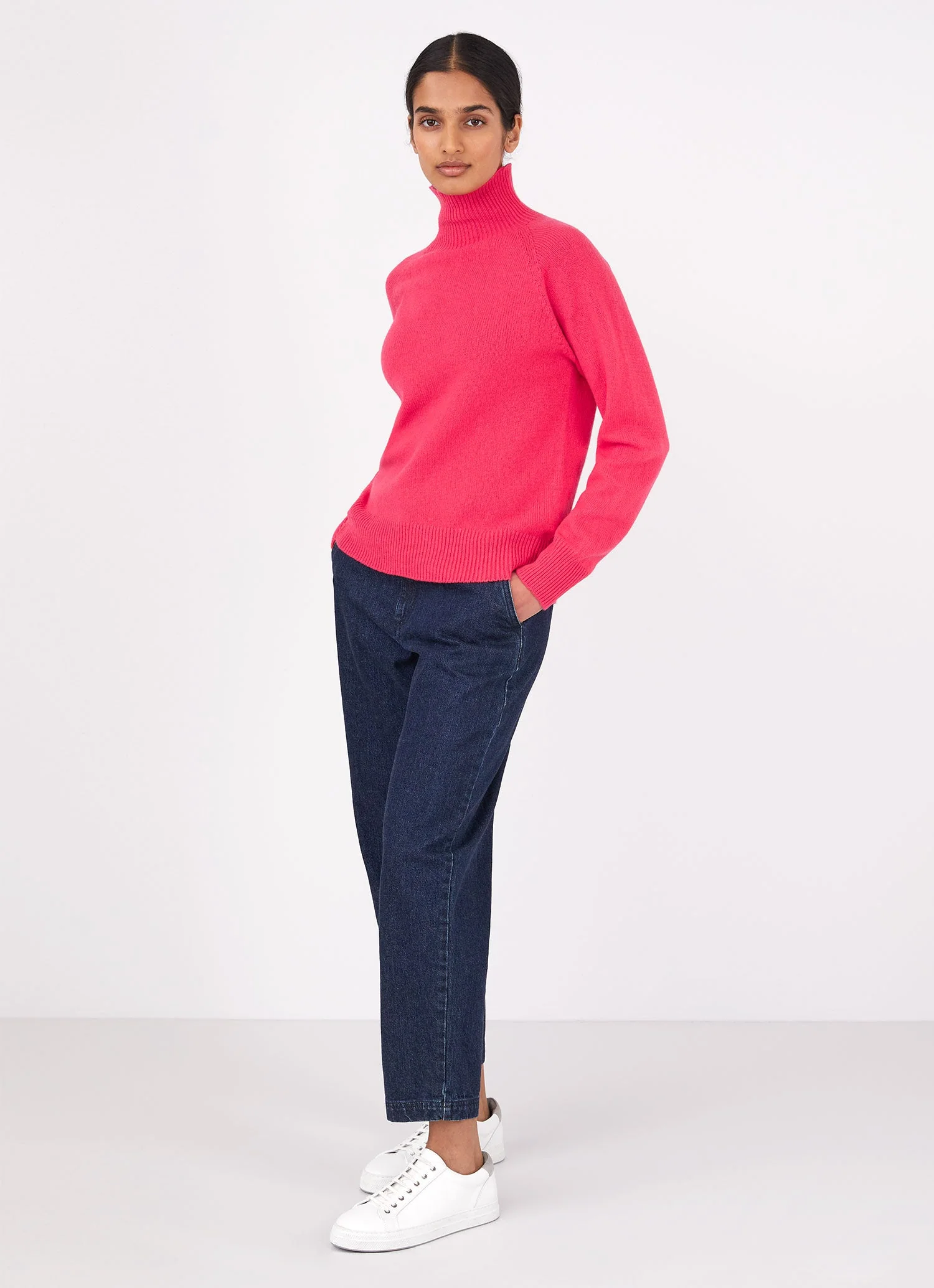 Women's Lambswool Funnel Neck Jumper in Bright Pink - Image 3