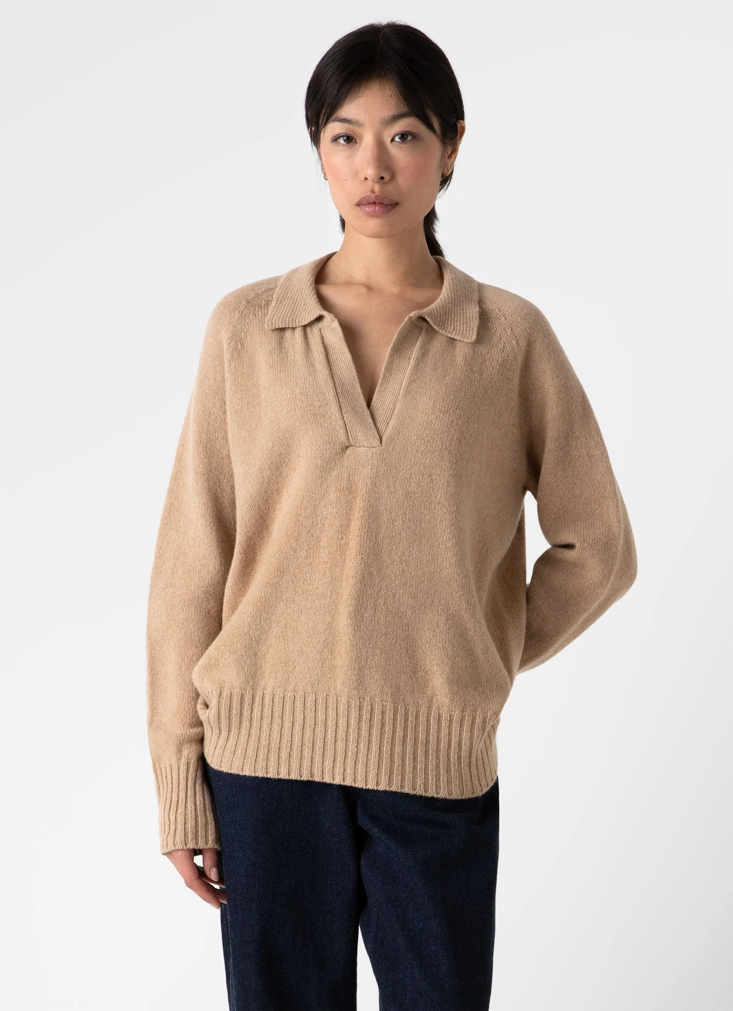 Women's Lambswool Polo Jumper in Light Camel - Image 3