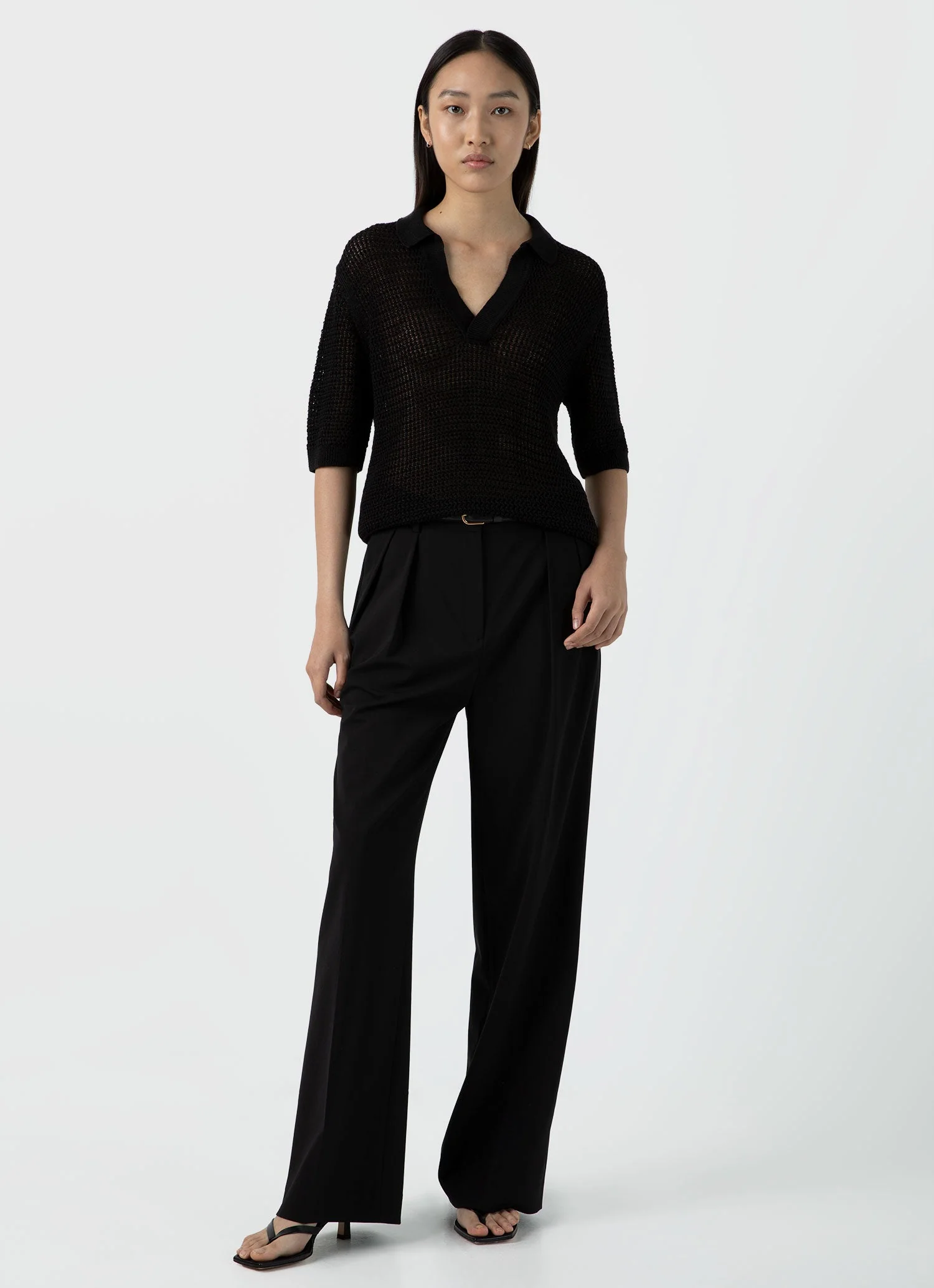 Women's Linen Mesh Polo Shirt in Black - Image 3