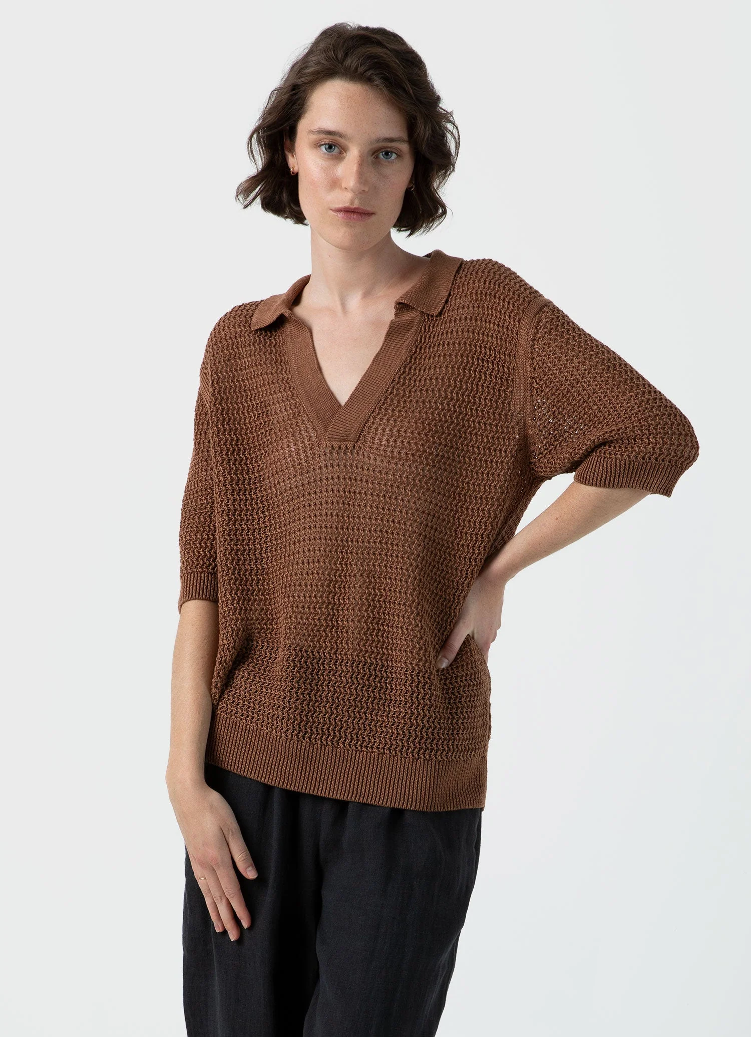 Women's Linen Mesh Polo Shirt in Brown - Image 2