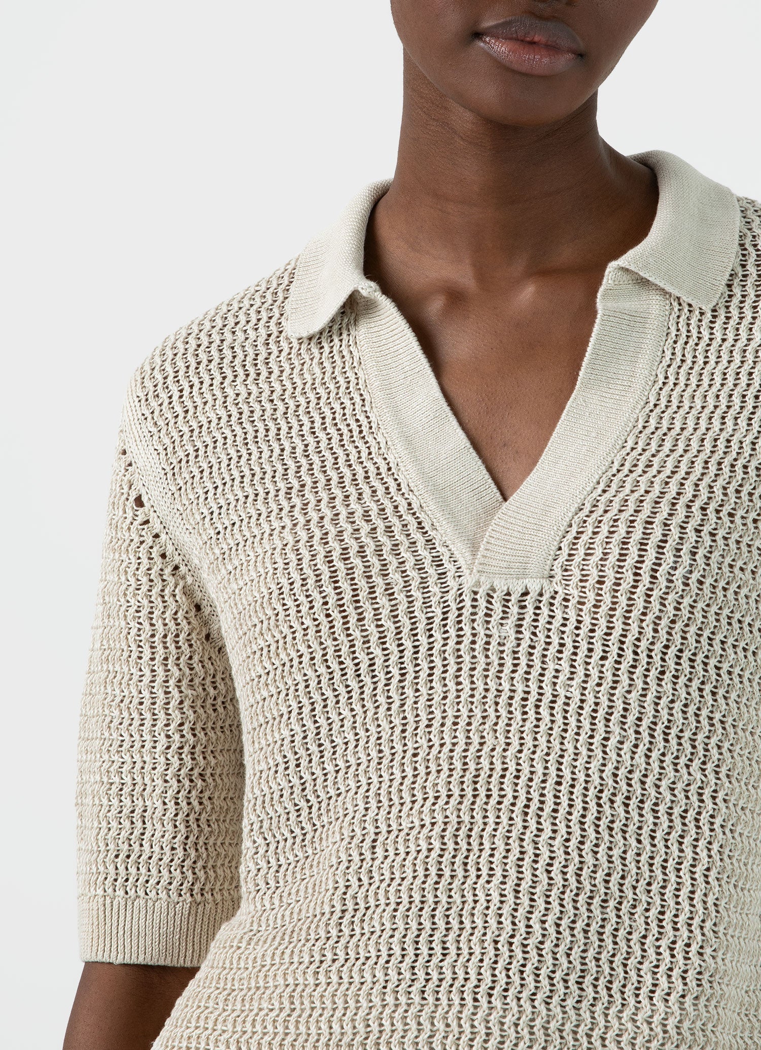 Women's Linen Mesh Polo Shirt in Ecru - Image 3