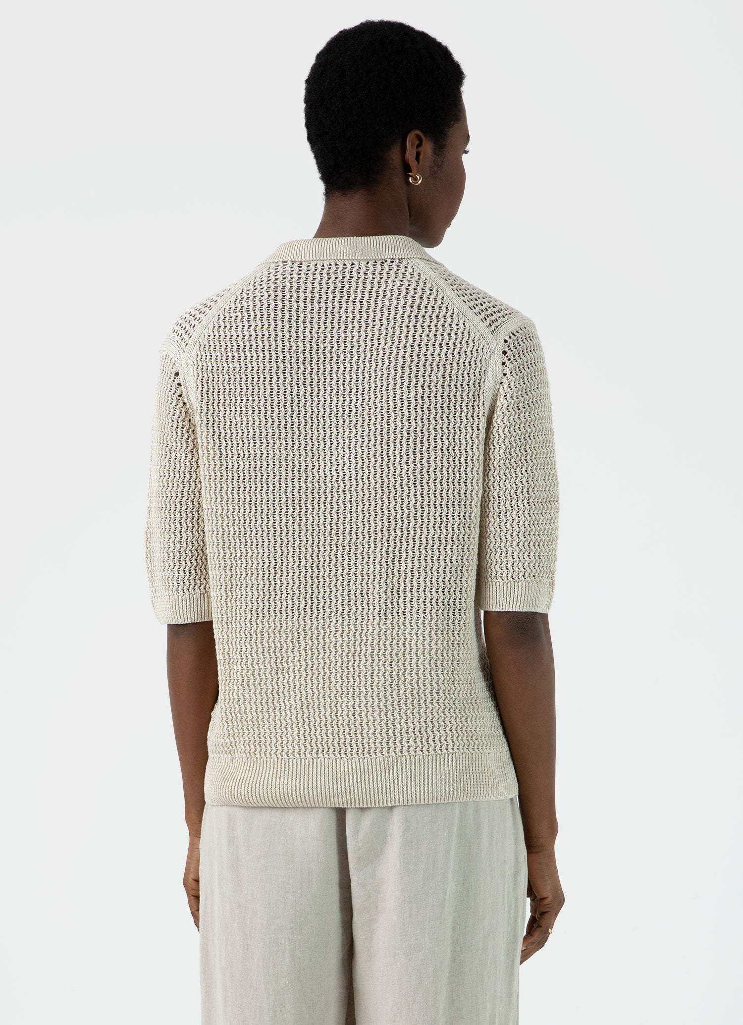 Women's Linen Mesh Polo Shirt in Ecru - Image 4