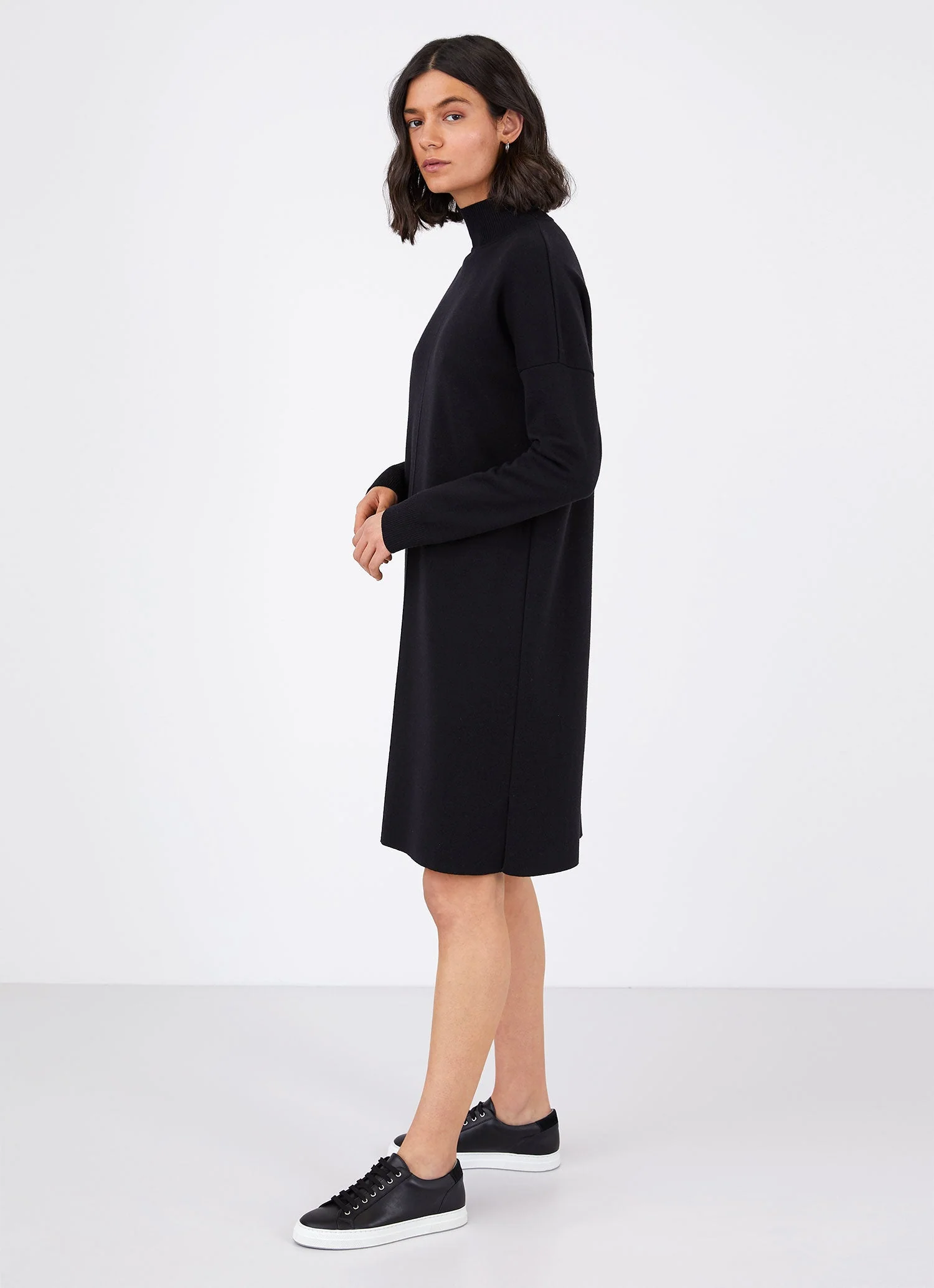Women's Merino Funnel Neck Dress in Black - Image 3
