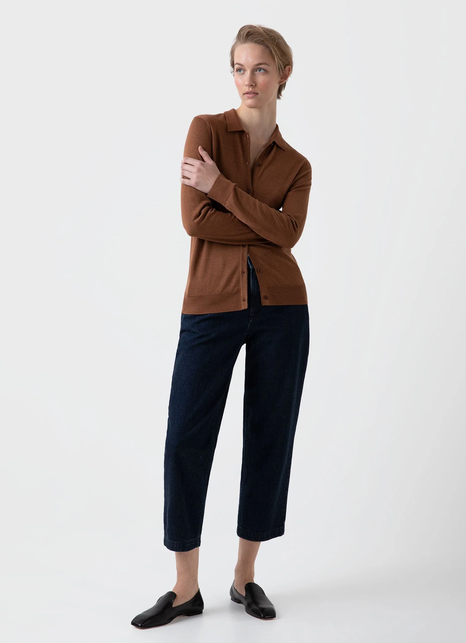 Women's Merino Silk Collar Cardigan in Pecan - Image 3